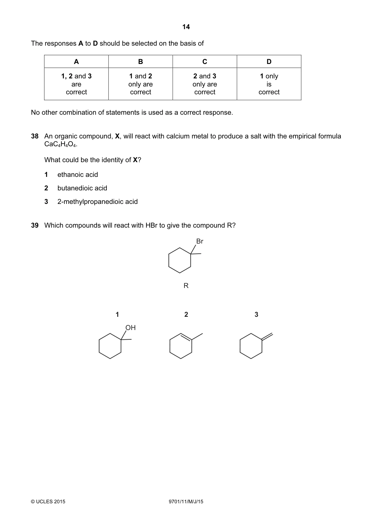 Cambridge A Level Chemistry 9701 2015 May/June Paper 1 · Variant 1 question paper, page 14 of 16