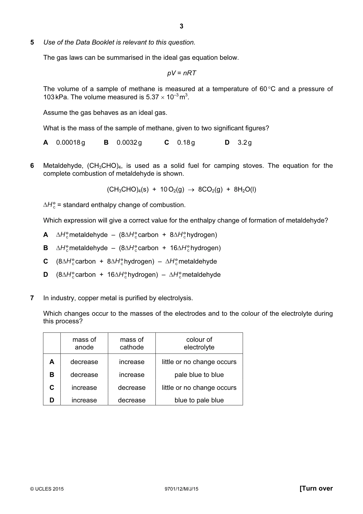 Cambridge A Level Chemistry 9701 2015 May/June Paper 1 · Variant 2 question paper, page 3 of 16