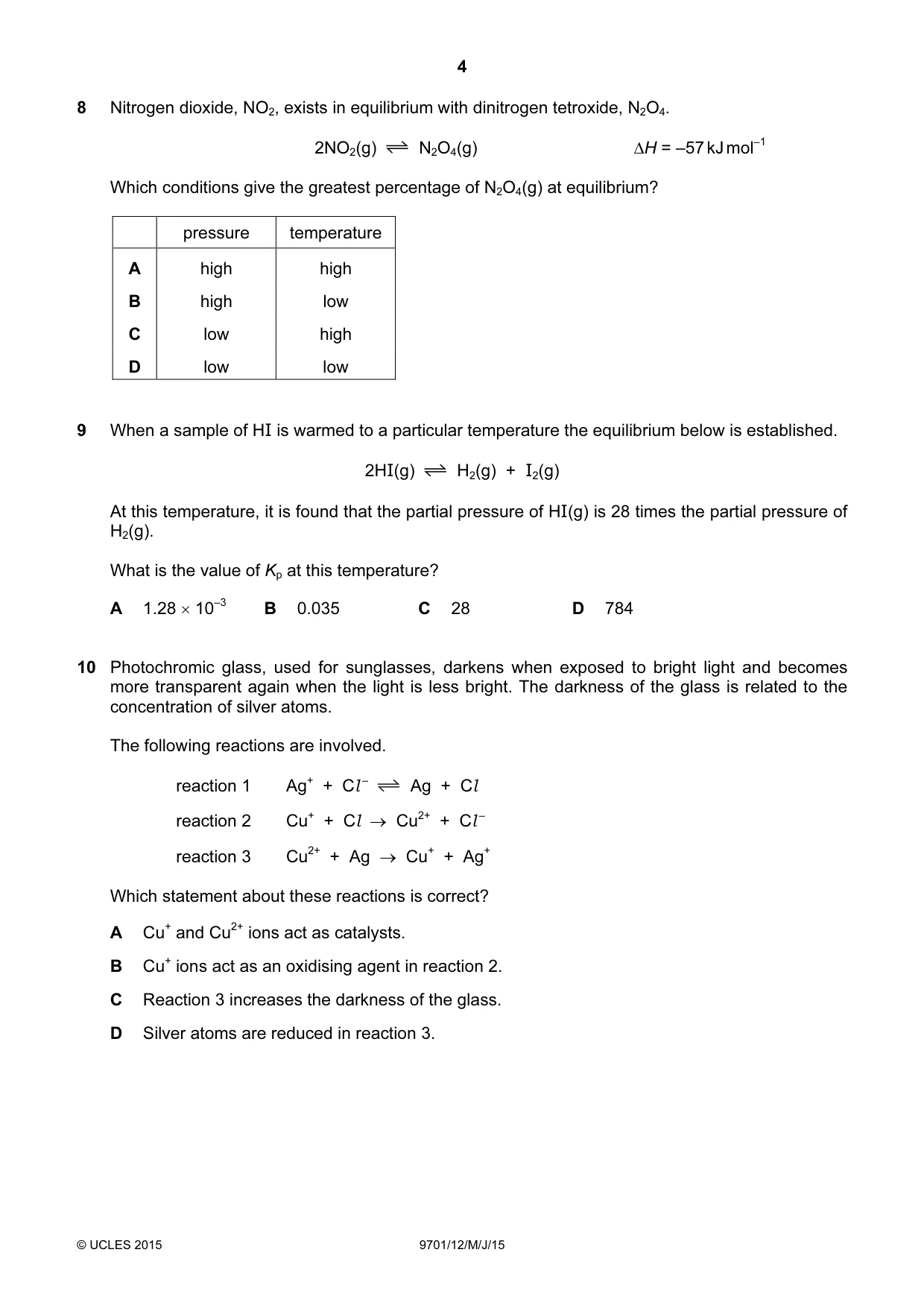 Cambridge A Level Chemistry 9701 2015 May/June Paper 1 · Variant 2 question paper, page 4 of 16