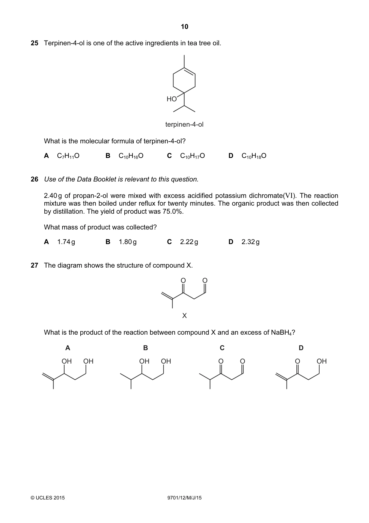 Cambridge A Level Chemistry 9701 2015 May/June Paper 1 · Variant 2 question paper, page 10 of 16