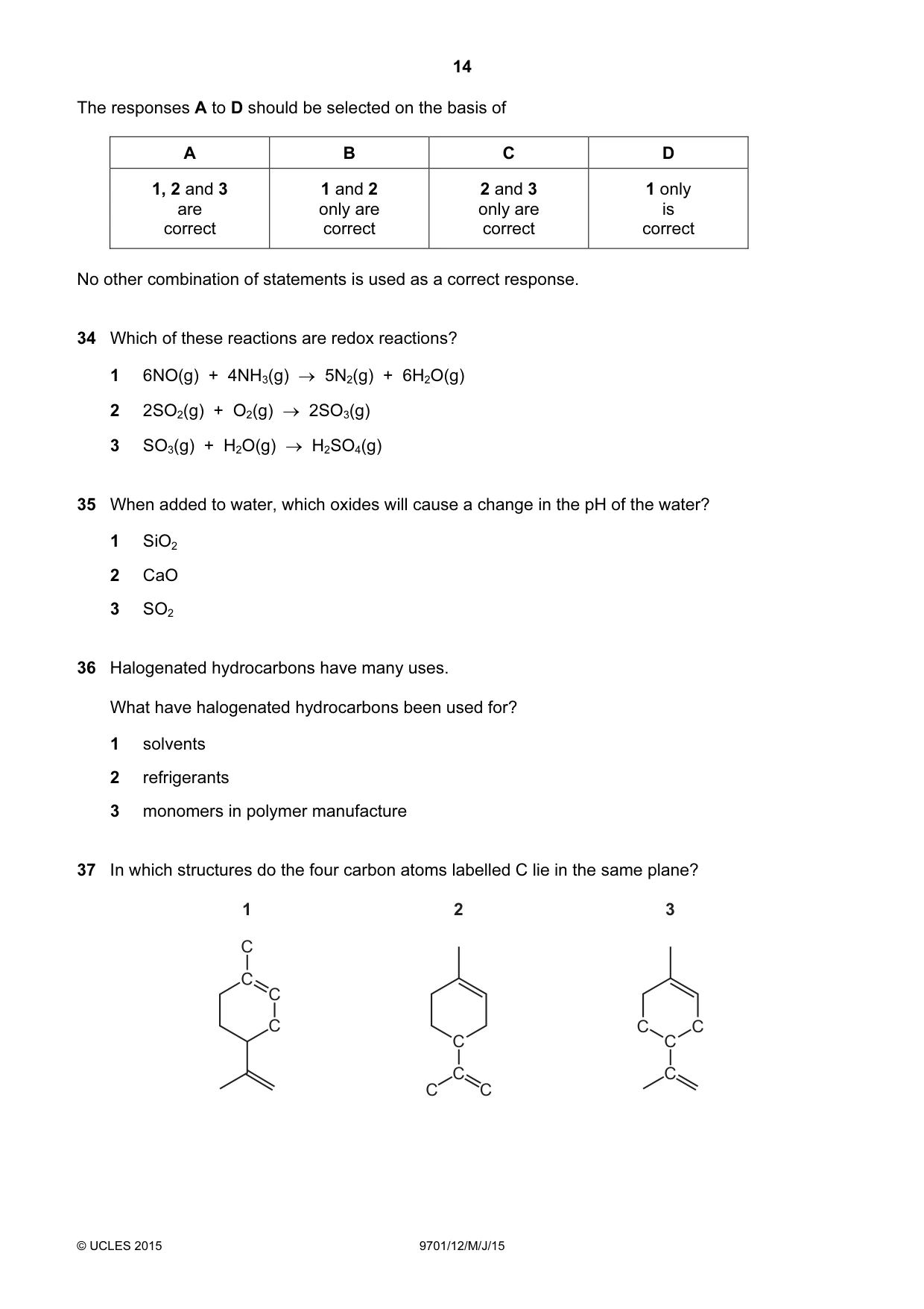 Cambridge A Level Chemistry 9701 2015 May/June Paper 1 · Variant 2 question paper, page 14 of 16