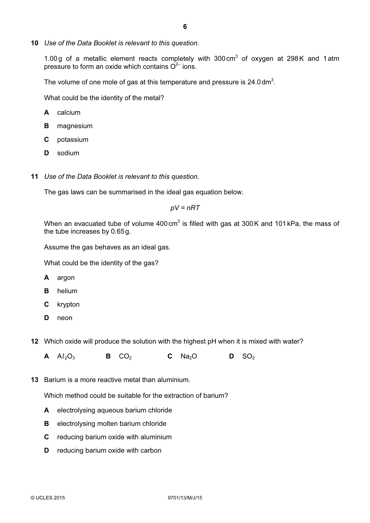 Cambridge A Level Chemistry 9701 2015 May/June Paper 1 · Variant 3 question paper, page 6 of 16