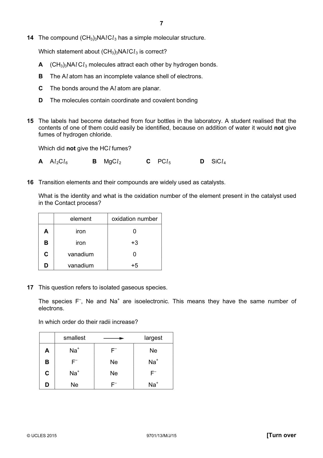 Cambridge A Level Chemistry 9701 2015 May/June Paper 1 · Variant 3 question paper, page 7 of 16