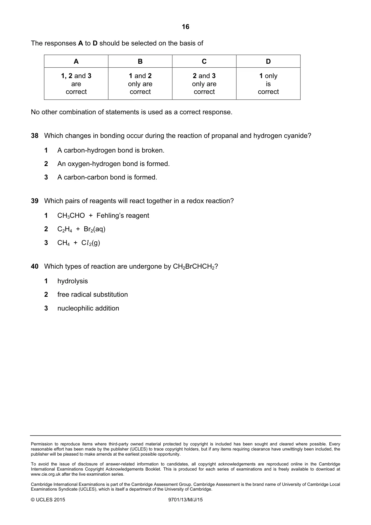 Cambridge A Level Chemistry 9701 2015 May/June Paper 1 · Variant 3 question paper, page 16 of 16