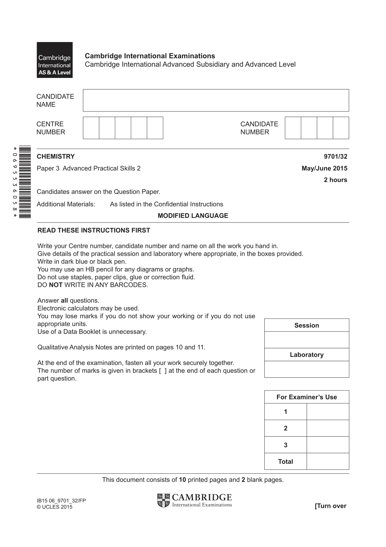 Cambridge A Level Chemistry 9701 2015 May/June Paper 3 · Variant 2 question paper, page 1 of 12