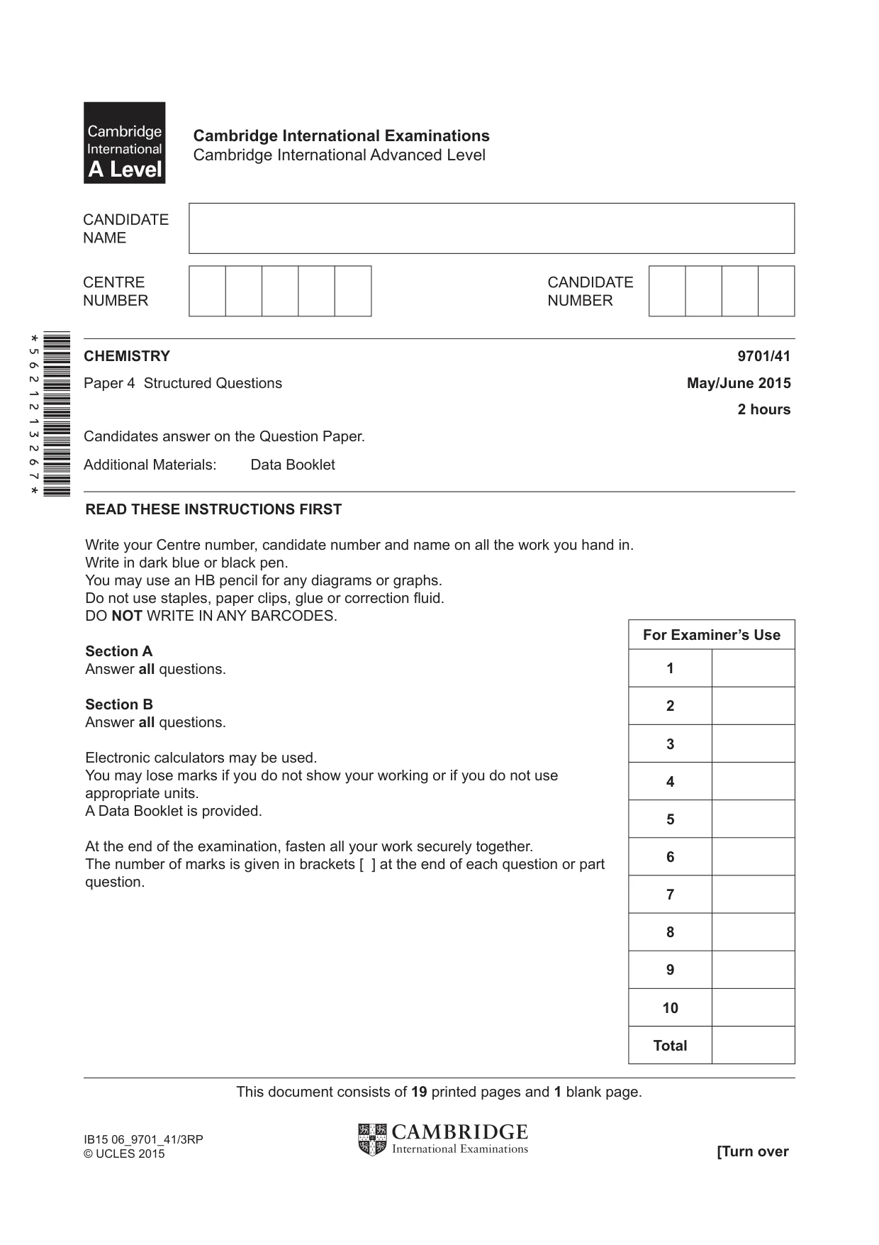 Cambridge A Level Chemistry 9701 2015 May/June Paper 4 · Variant 1 question paper, page 1 of 20