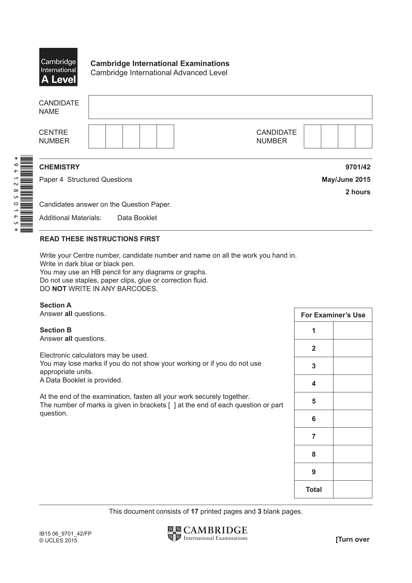 Cambridge A Level Chemistry 9701 2015 May/June Paper 4 · Variant 2 question paper, page 1 of 20