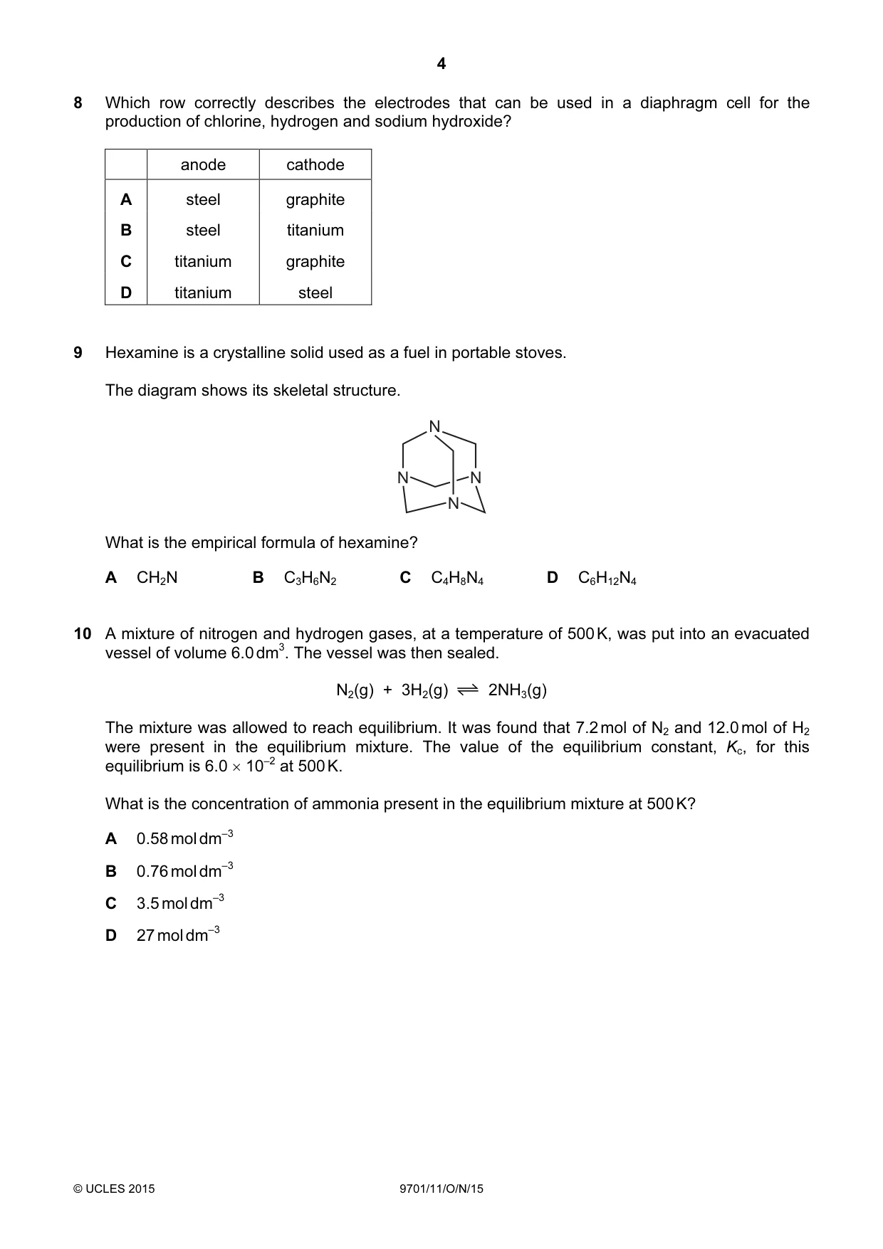 Cambridge A Level Chemistry 9701 2015 Oct/Nov Paper 1 · Variant 1 question paper, page 4 of 16