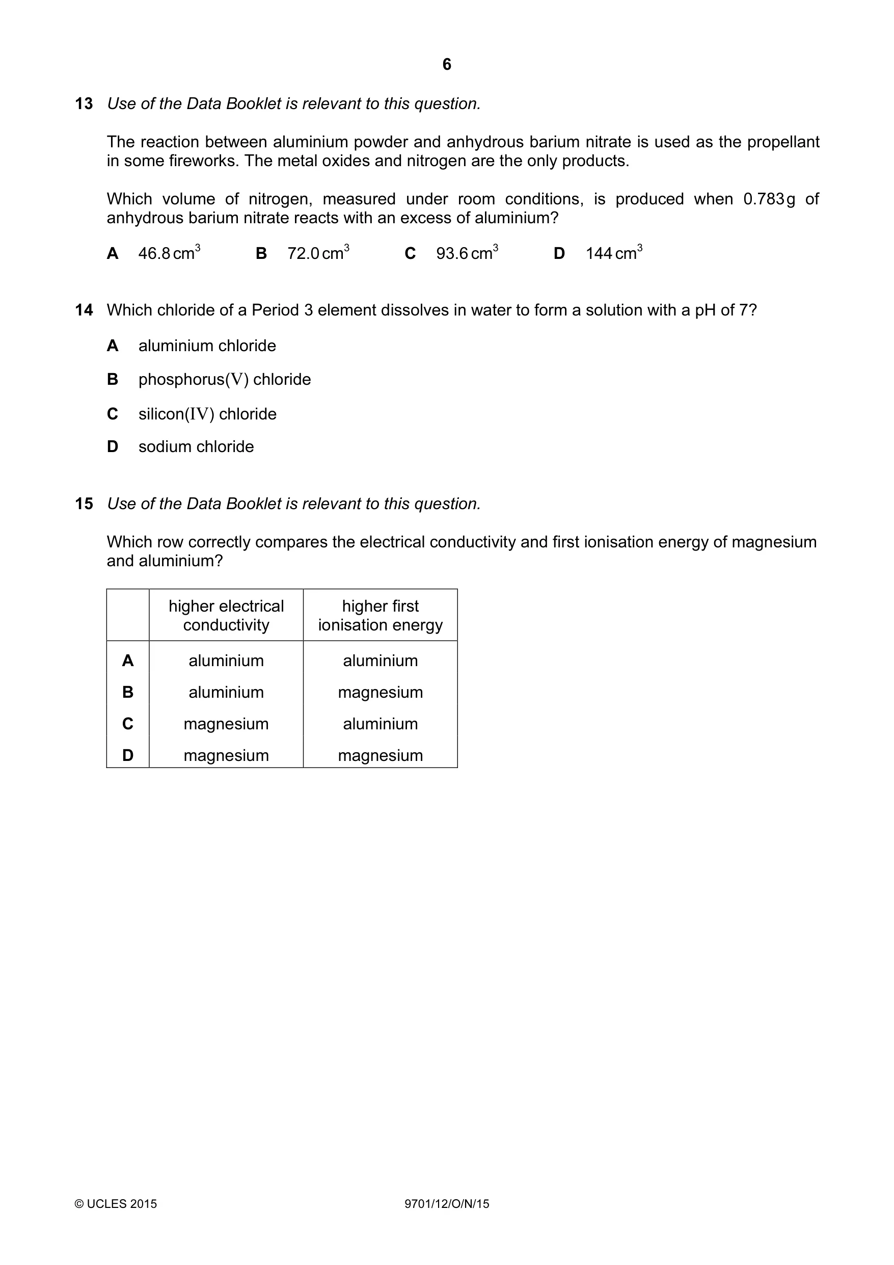 Cambridge A Level Chemistry 9701 2015 Oct/Nov Paper 1 · Variant 2 question paper, page 6 of 16
