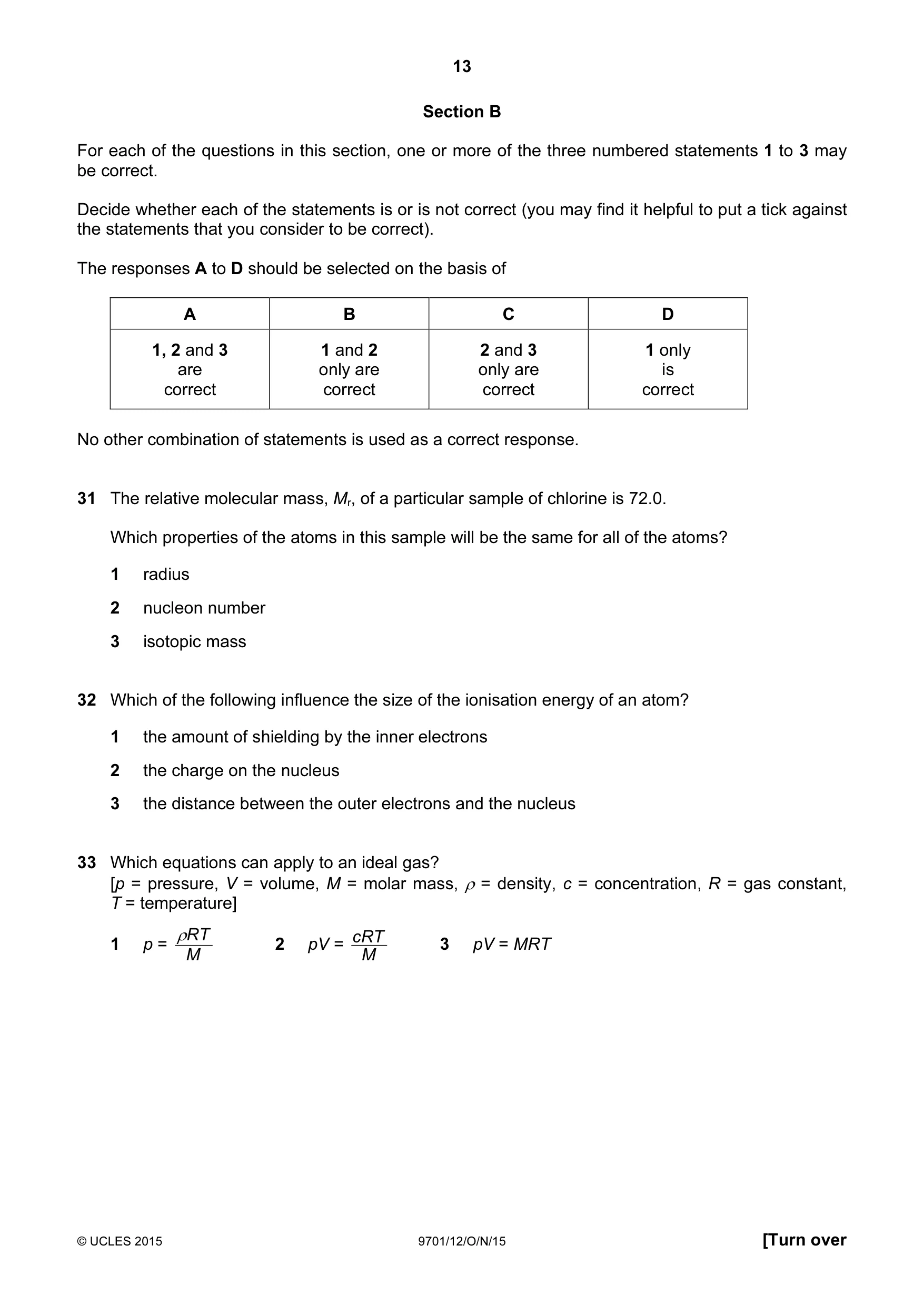Cambridge A Level Chemistry 9701 2015 Oct/Nov Paper 1 · Variant 2 question paper, page 13 of 16