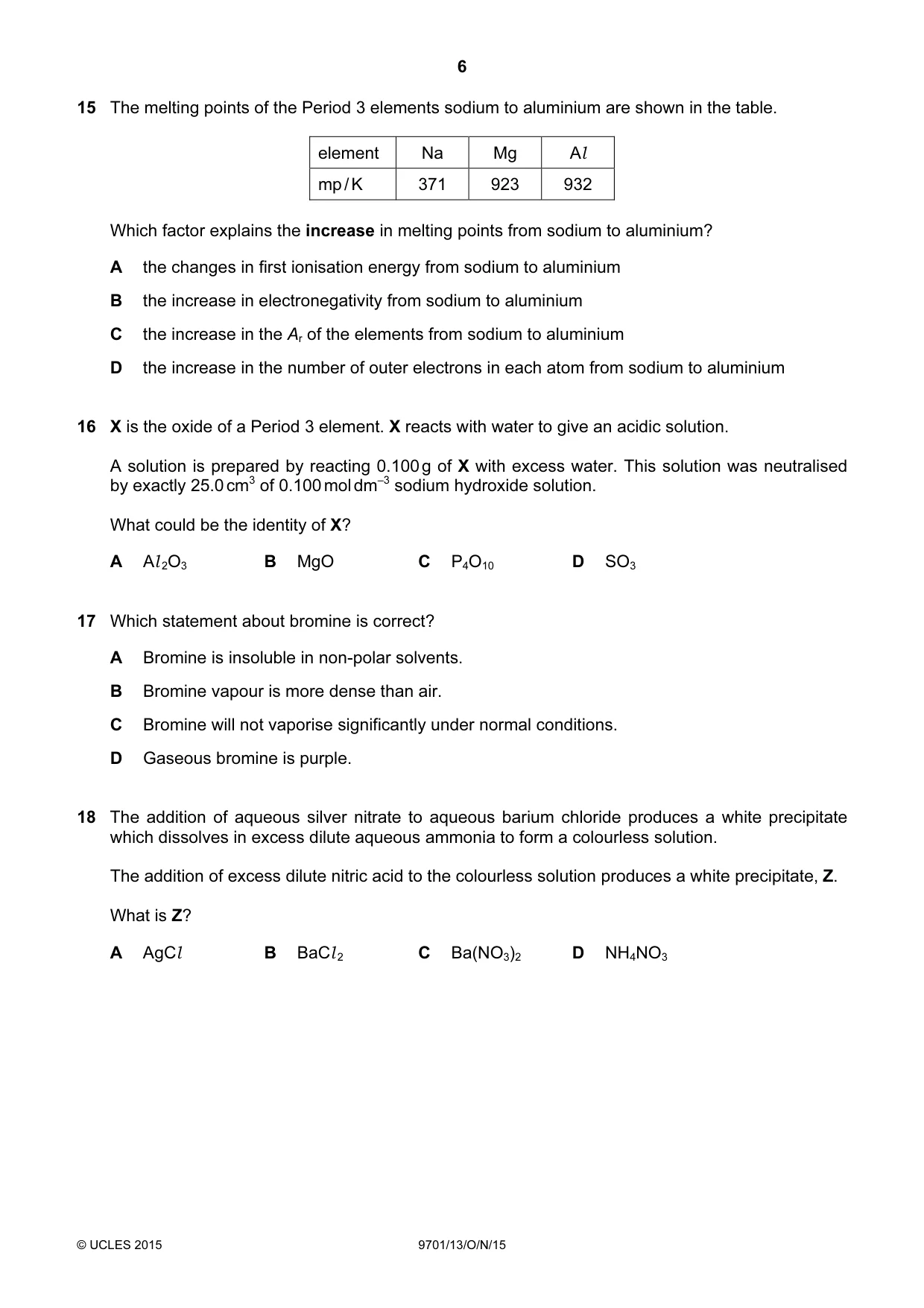 Cambridge A Level Chemistry 9701 2015 Oct/Nov Paper 1 · Variant 3 question paper, page 6 of 16
