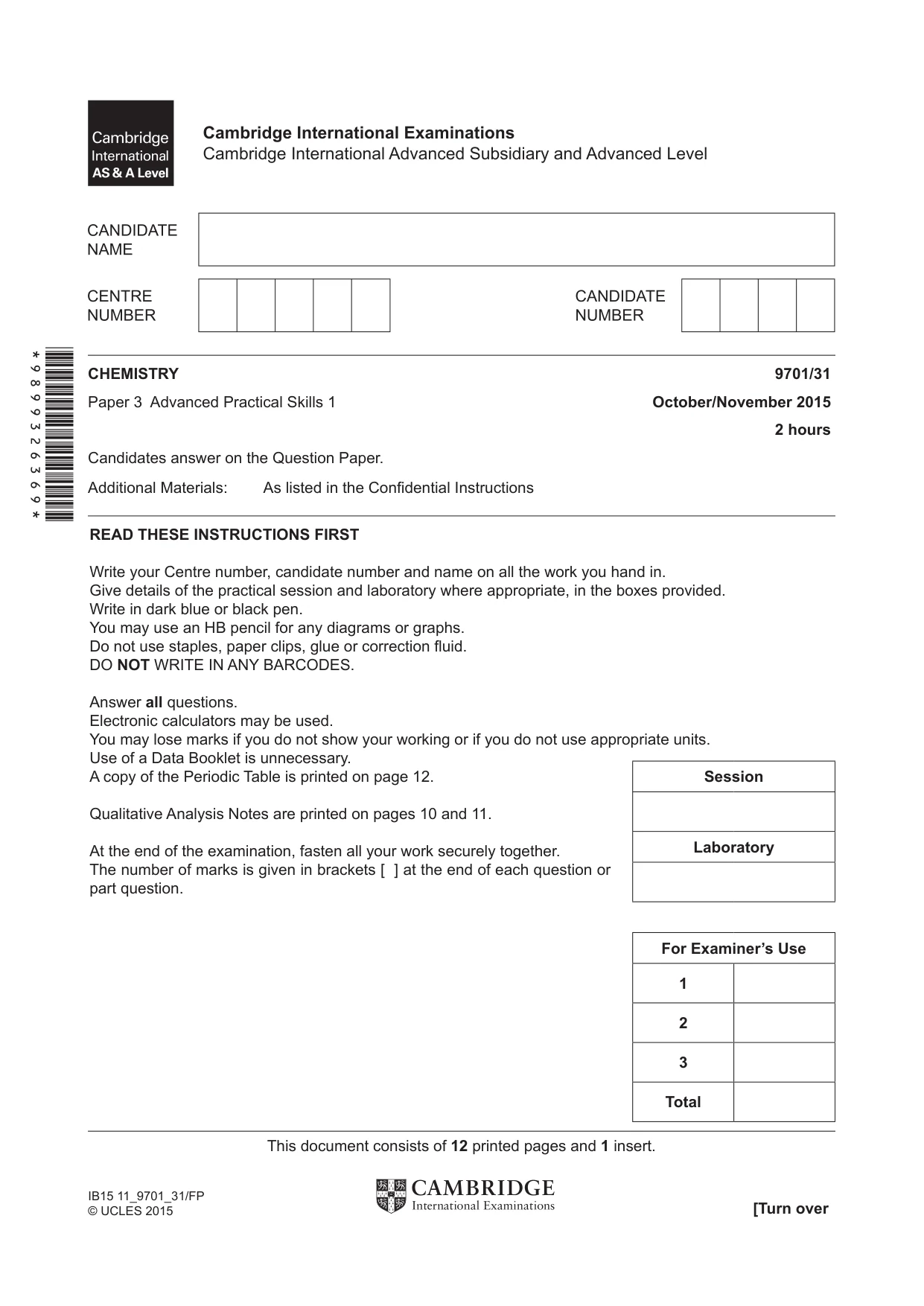 Cambridge A Level Chemistry 9701 2015 Oct/Nov Paper 3 · Variant 1 question paper, page 1 of 12