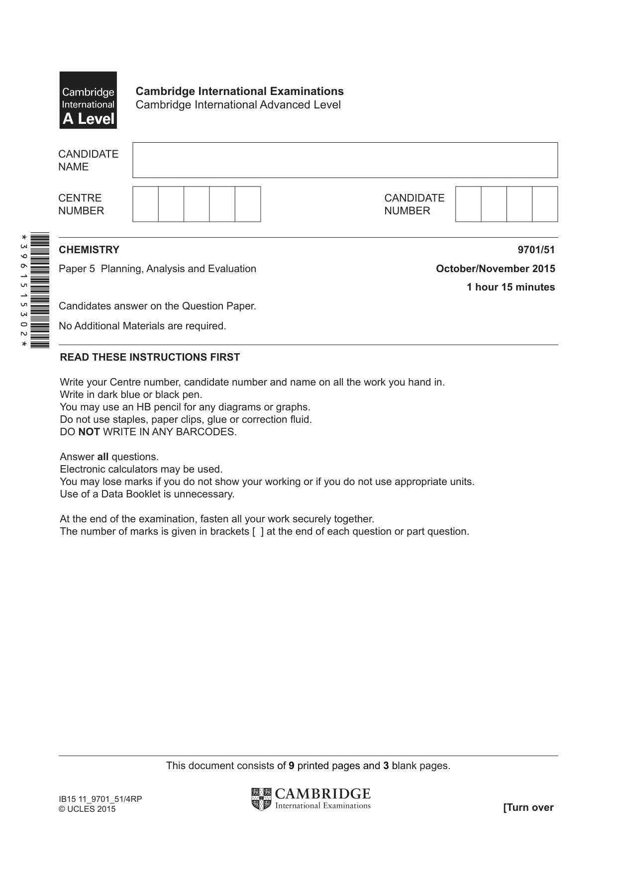 Cambridge A Level Chemistry 9701 2015 Oct/Nov Paper 5 · Variant 1 question paper, page 1 of 12