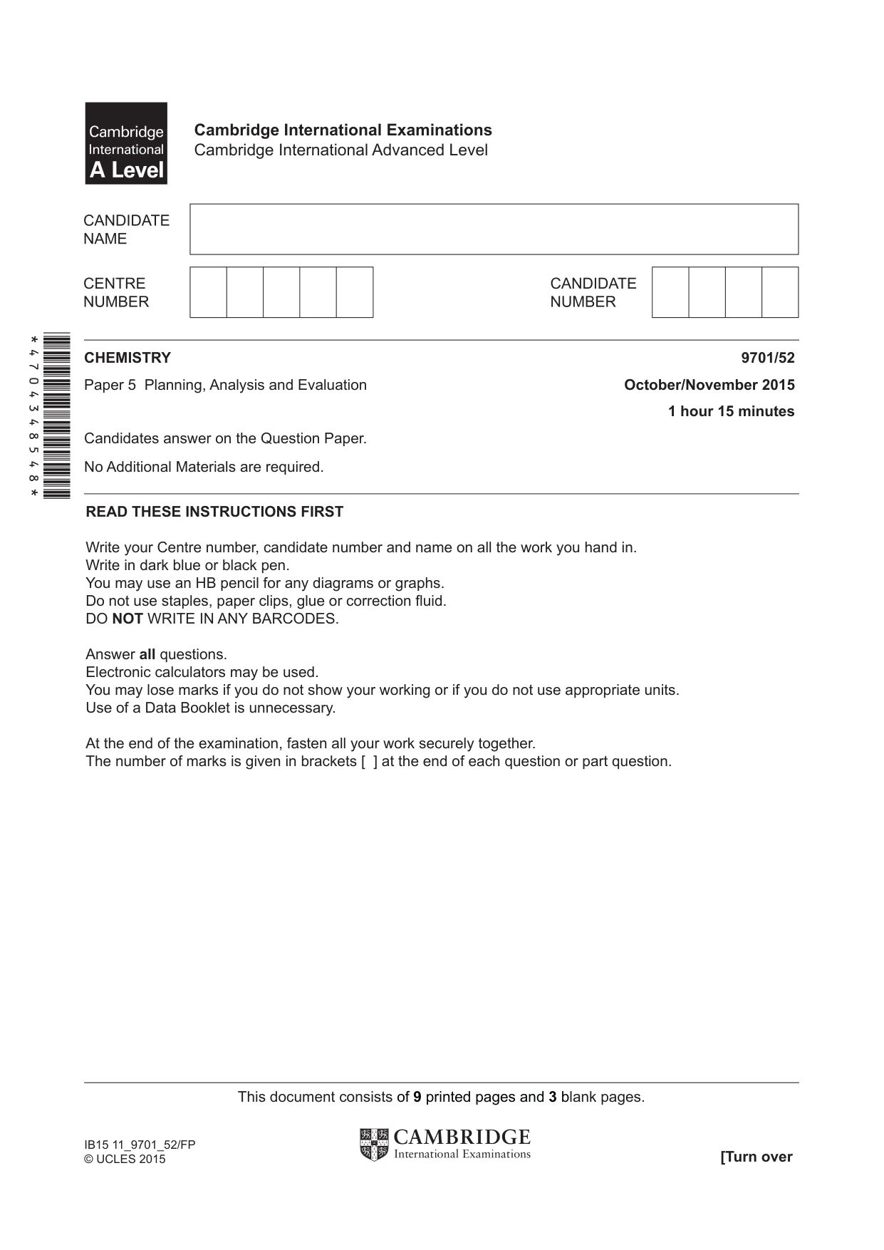 Cambridge A Level Chemistry 9701 2015 Oct/Nov Paper 5 · Variant 2 question paper, page 1 of 12