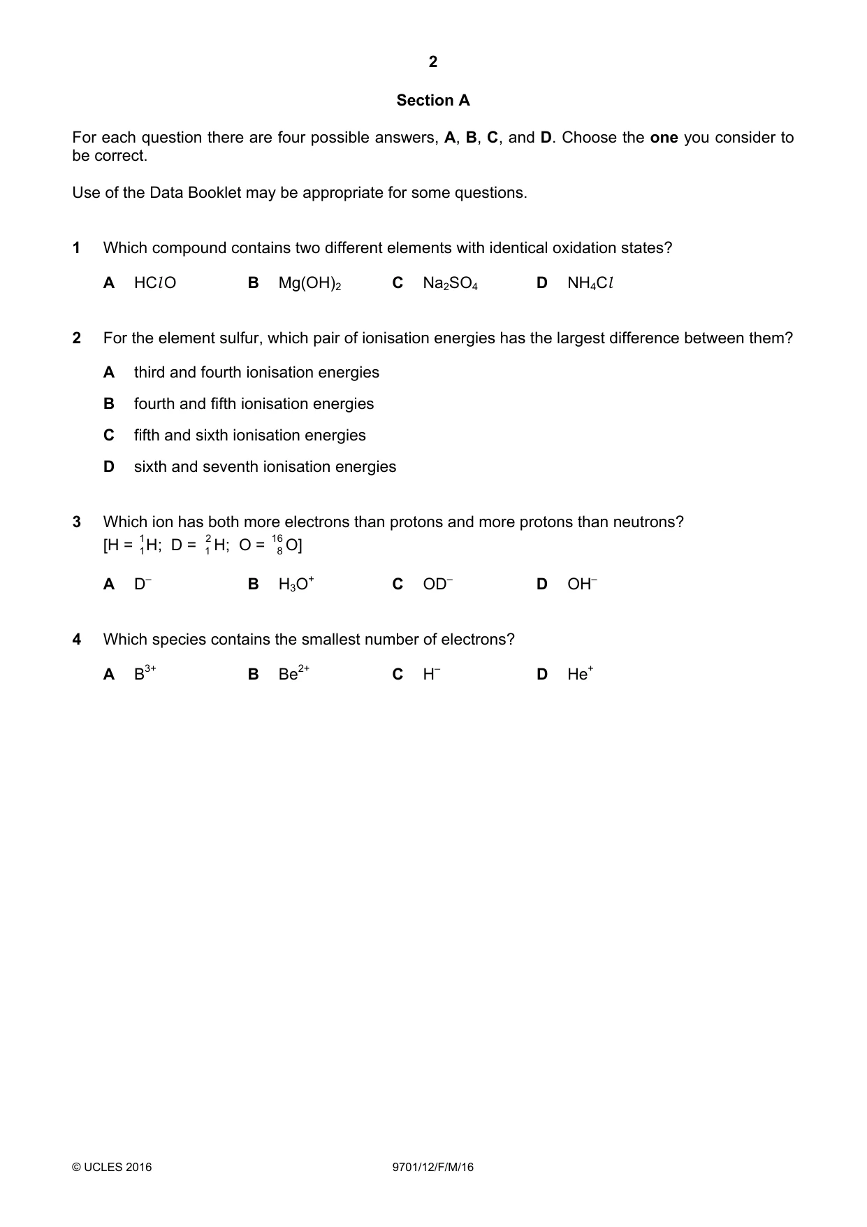 Cambridge A Level Chemistry 9701 2016 Feb/March Paper 1 · Variant 2 question paper, page 2 of 16