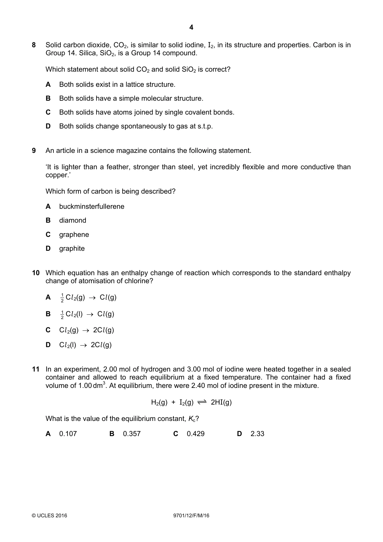 Cambridge A Level Chemistry 9701 2016 Feb/March Paper 1 · Variant 2 question paper, page 4 of 16