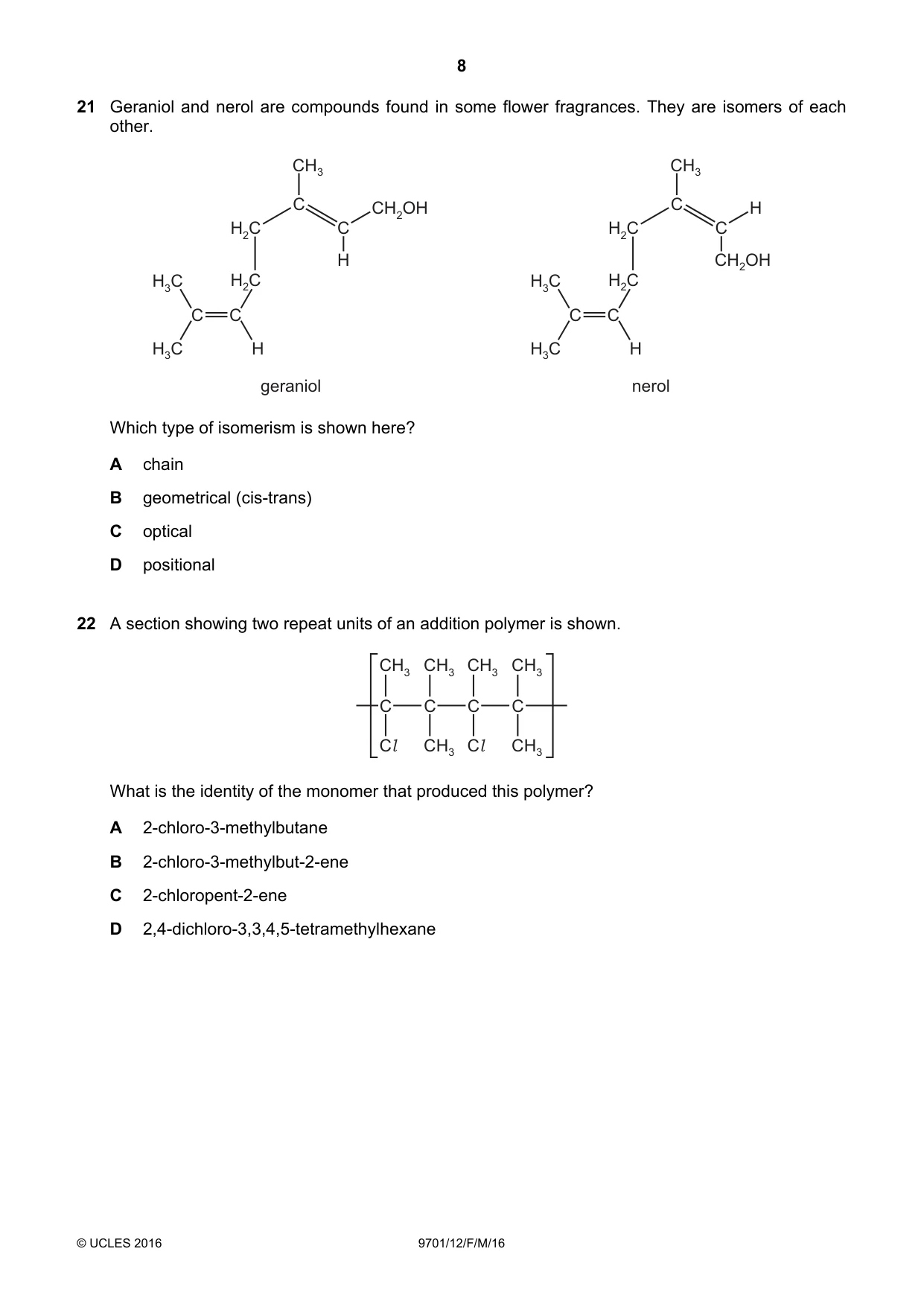Cambridge A Level Chemistry 9701 2016 Feb/March Paper 1 · Variant 2 question paper, page 8 of 16