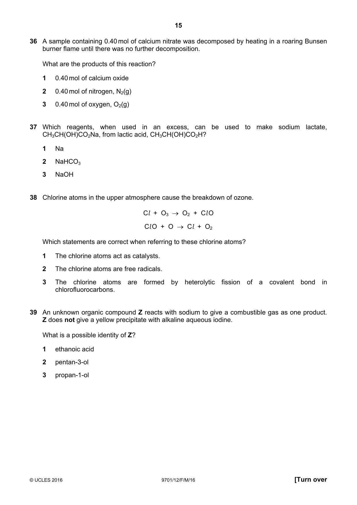 Cambridge A Level Chemistry 9701 2016 Feb/March Paper 1 · Variant 2 question paper, page 15 of 16