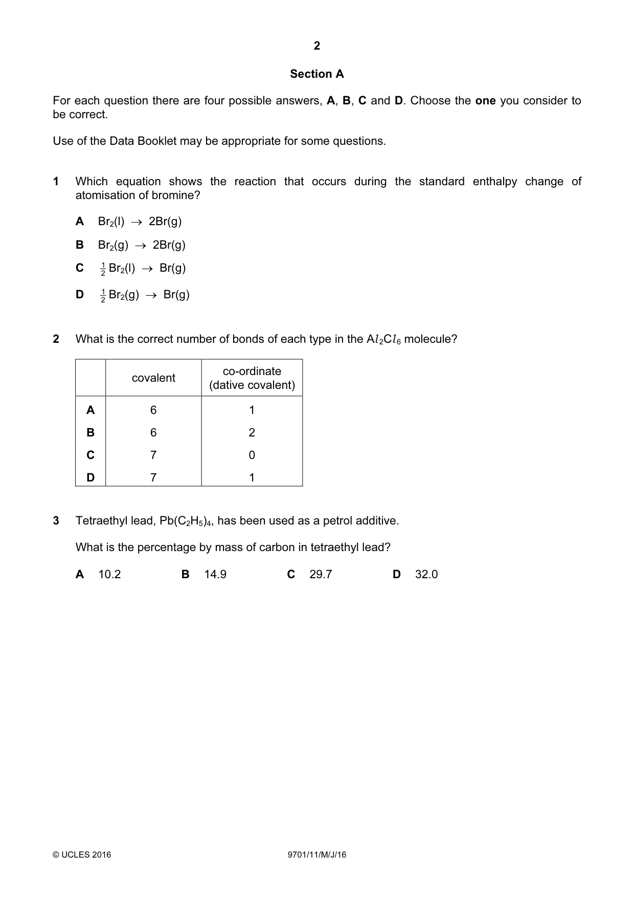 Cambridge A Level Chemistry 9701 2016 May/June Paper 1 · Variant 1 question paper, page 2 of 16