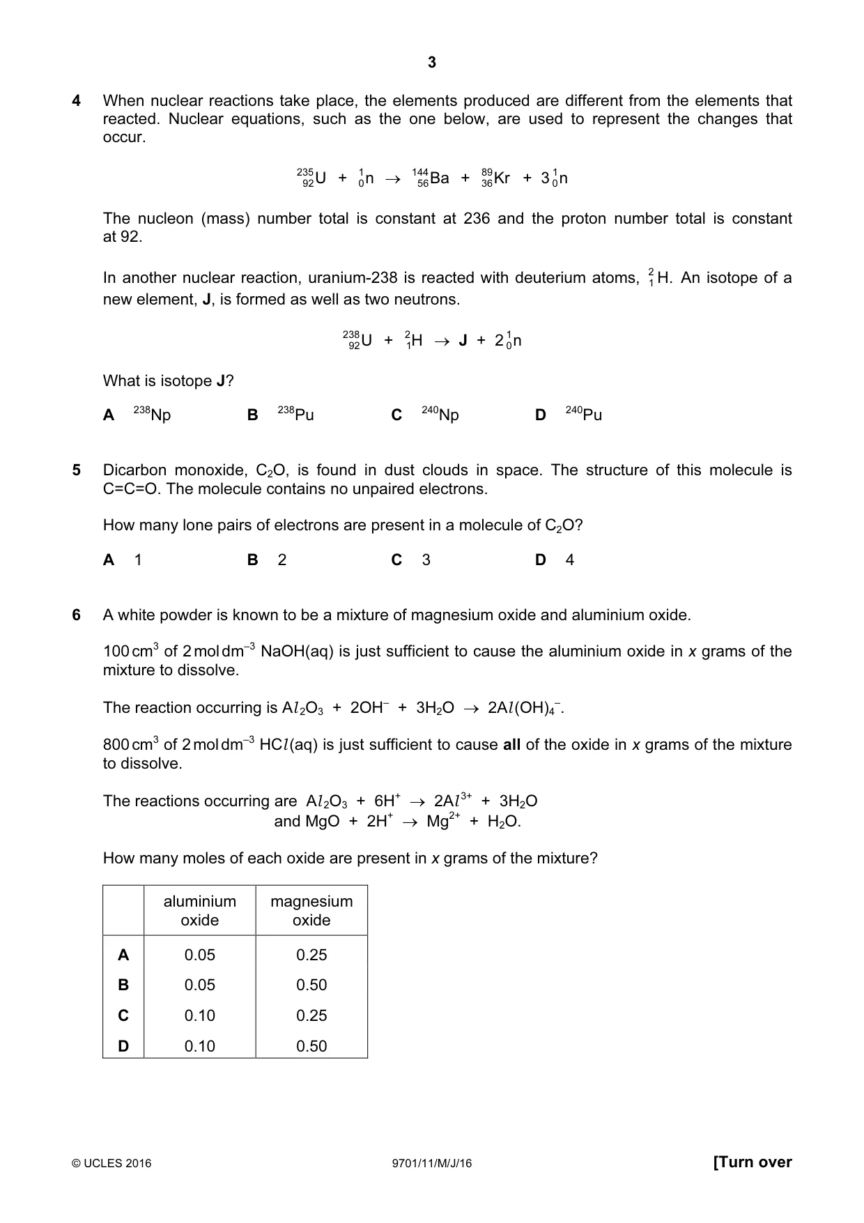 Cambridge A Level Chemistry 9701 2016 May/June Paper 1 · Variant 1 question paper, page 3 of 16