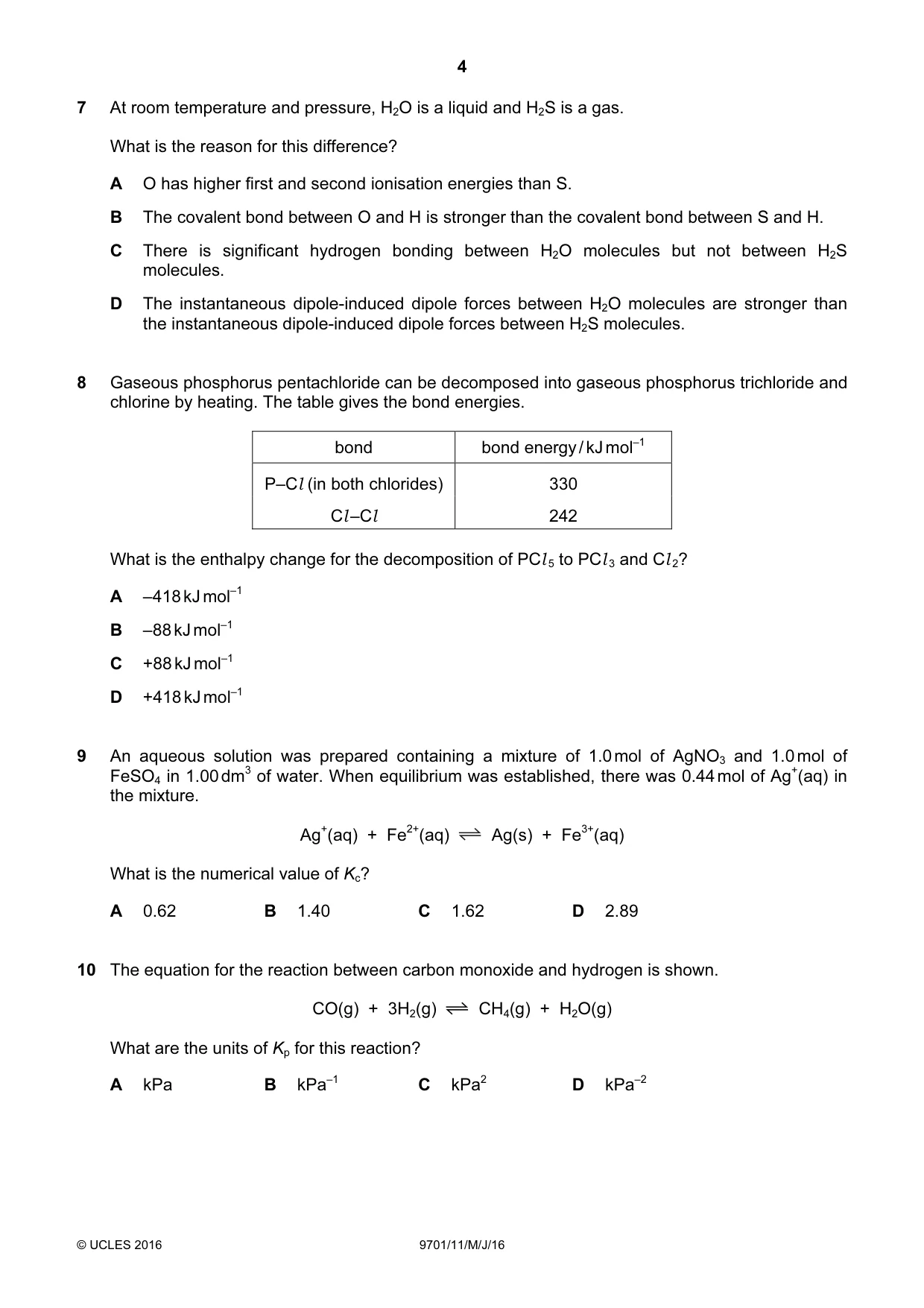 Cambridge A Level Chemistry 9701 2016 May/June Paper 1 · Variant 1 question paper, page 4 of 16