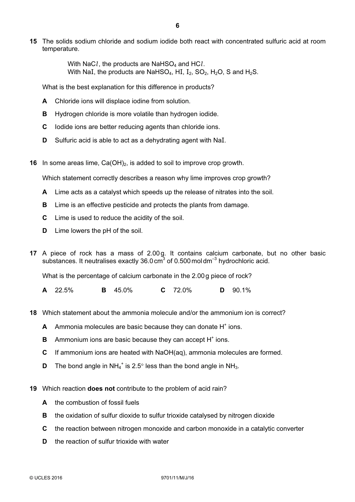 Cambridge A Level Chemistry 9701 2016 May/June Paper 1 · Variant 1 question paper, page 6 of 16