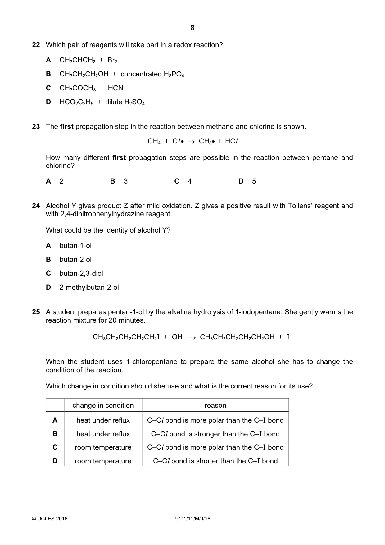 Cambridge A Level Chemistry 9701 2016 May/June Paper 1 · Variant 1 question paper, page 8 of 16