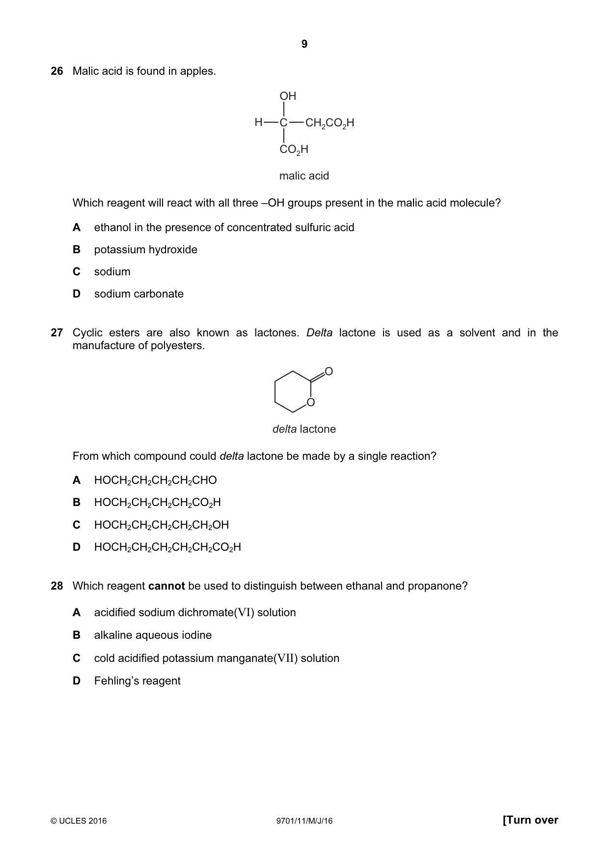 Cambridge A Level Chemistry 9701 2016 May/June Paper 1 · Variant 1 question paper, page 9 of 16