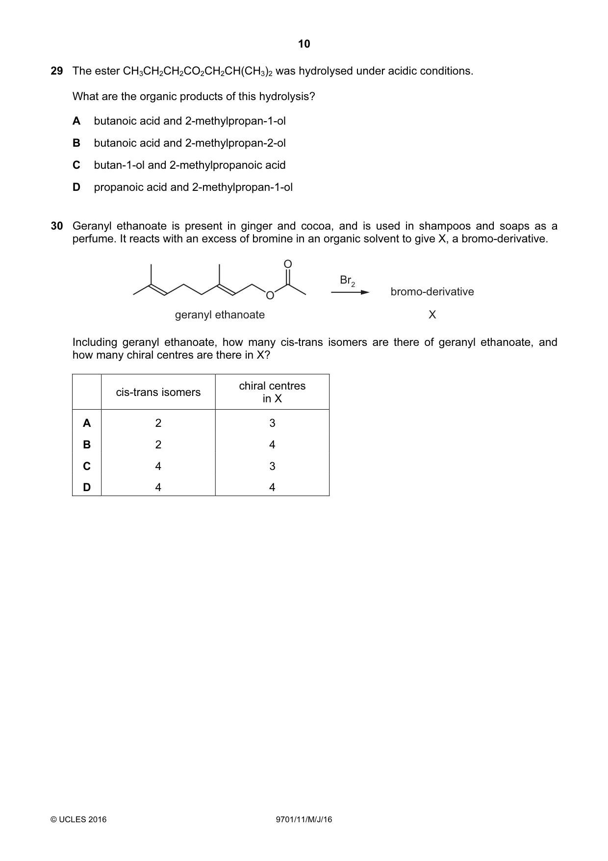 Cambridge A Level Chemistry 9701 2016 May/June Paper 1 · Variant 1 question paper, page 10 of 16