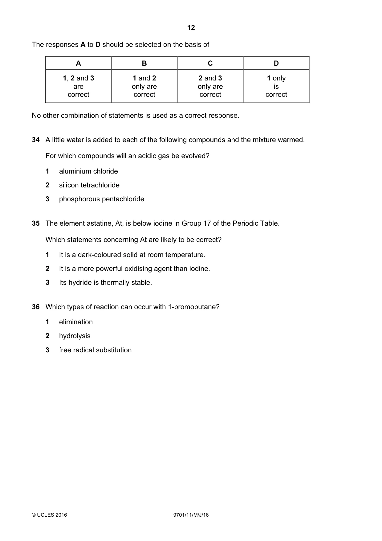 Cambridge A Level Chemistry 9701 2016 May/June Paper 1 · Variant 1 question paper, page 12 of 16