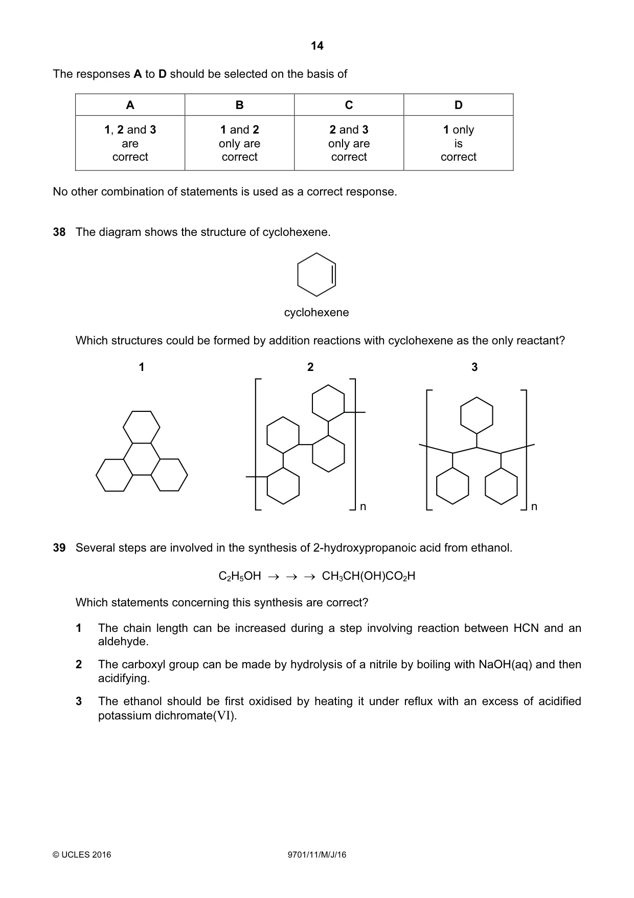 Cambridge A Level Chemistry 9701 2016 May/June Paper 1 · Variant 1 question paper, page 14 of 16