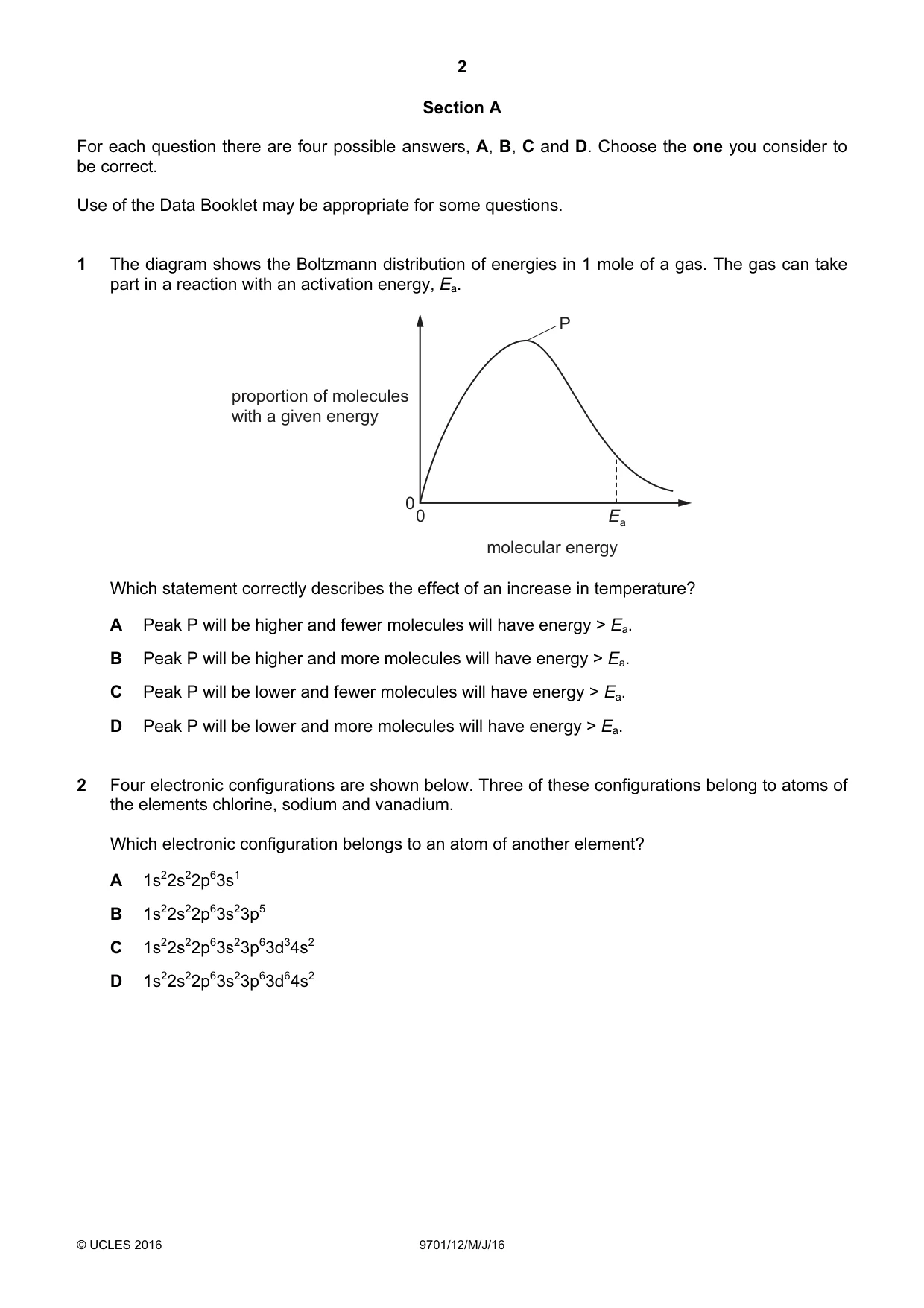 Cambridge A Level Chemistry 9701 2016 May/June Paper 1 · Variant 2 question paper, page 2 of 16