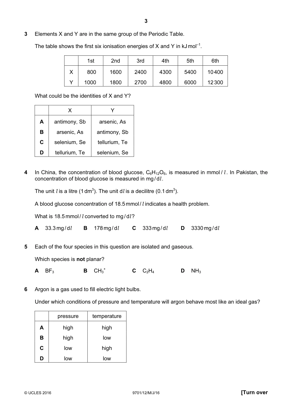 Cambridge A Level Chemistry 9701 2016 May/June Paper 1 · Variant 2 question paper, page 3 of 16