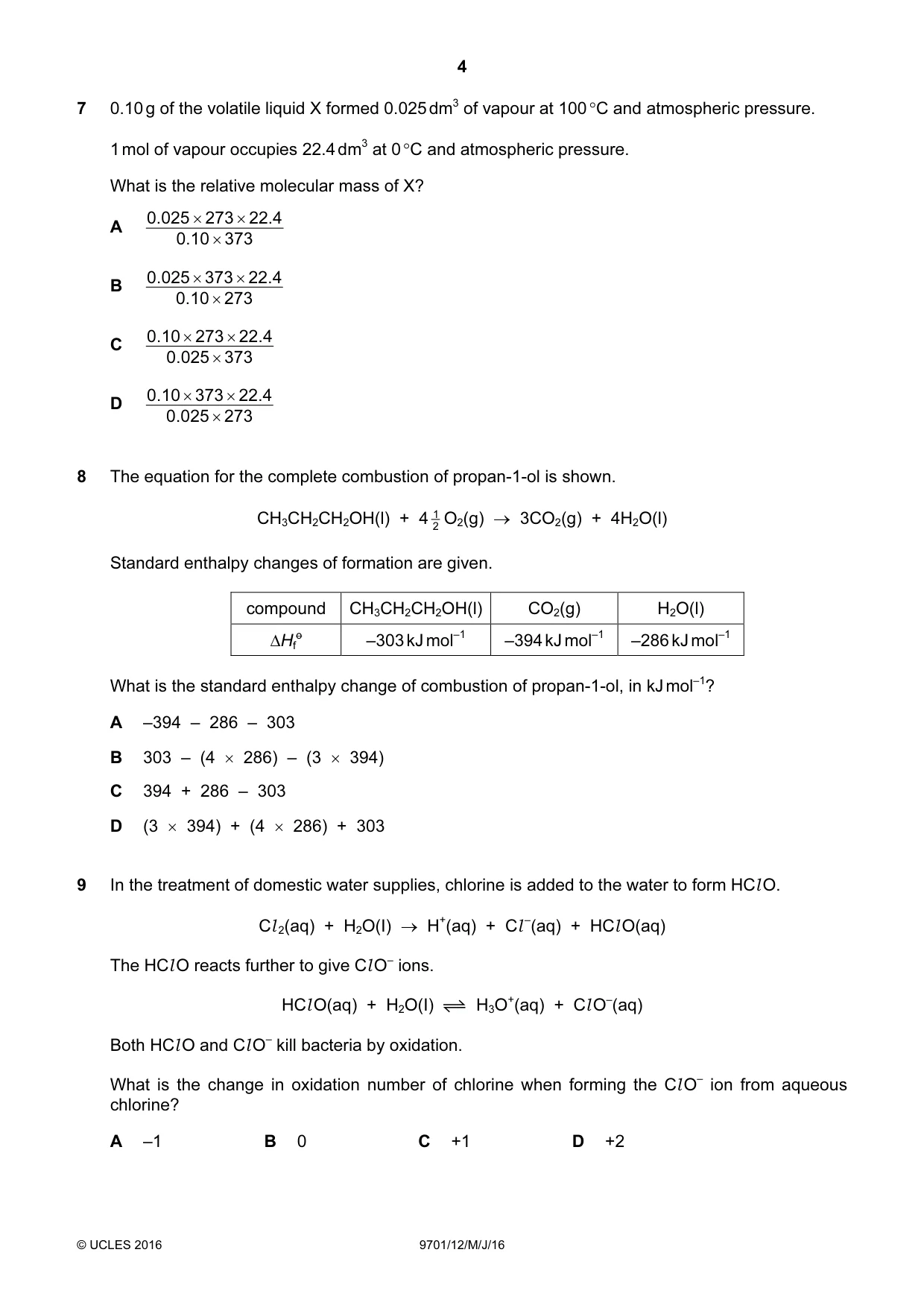 Cambridge A Level Chemistry 9701 2016 May/June Paper 1 · Variant 2 question paper, page 4 of 16