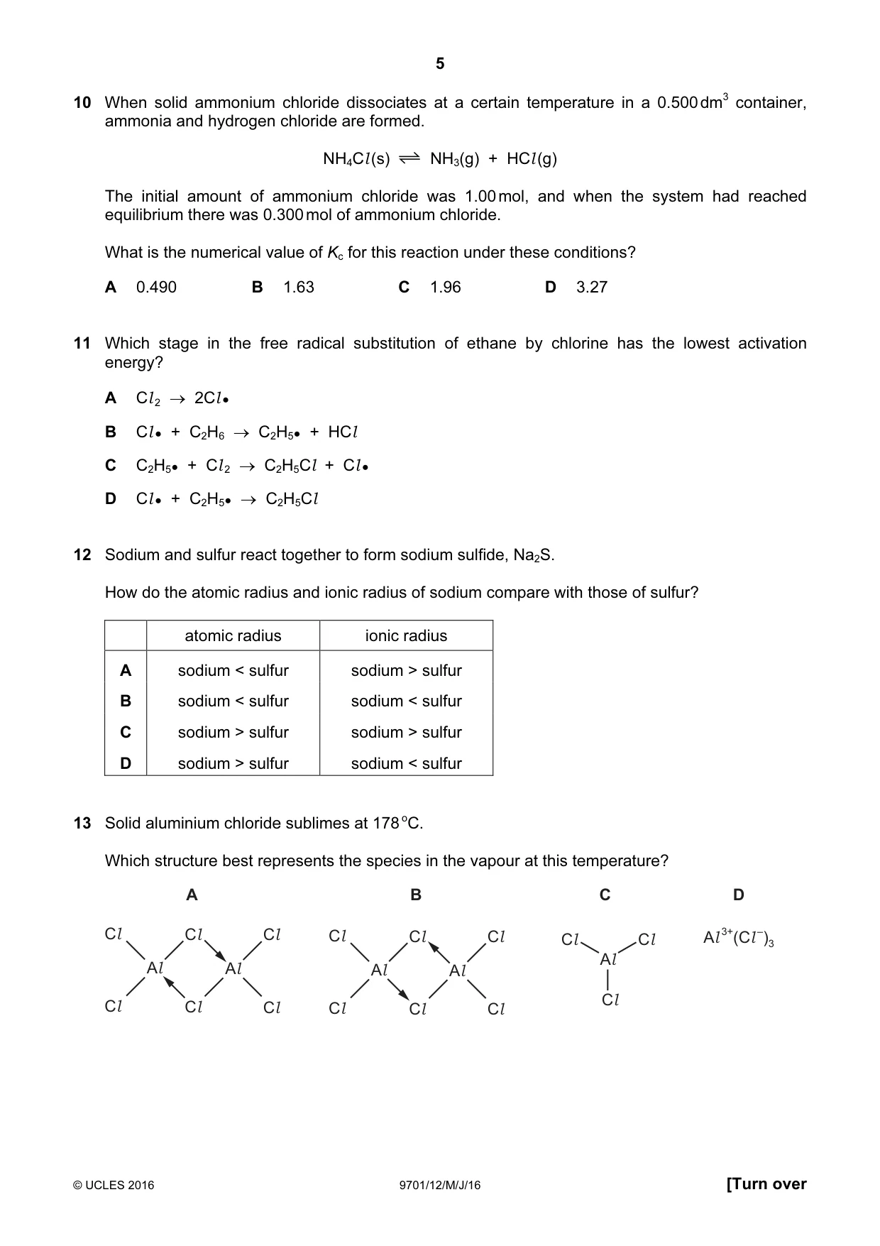 Cambridge A Level Chemistry 9701 2016 May/June Paper 1 · Variant 2 question paper, page 5 of 16