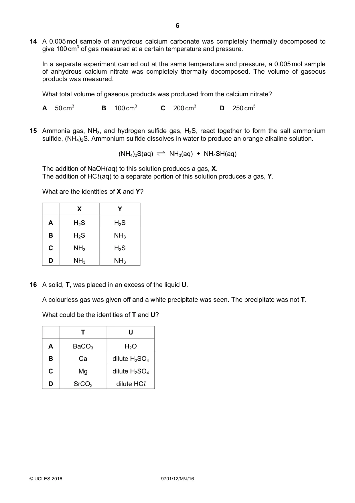 Cambridge A Level Chemistry 9701 2016 May/June Paper 1 · Variant 2 question paper, page 6 of 16