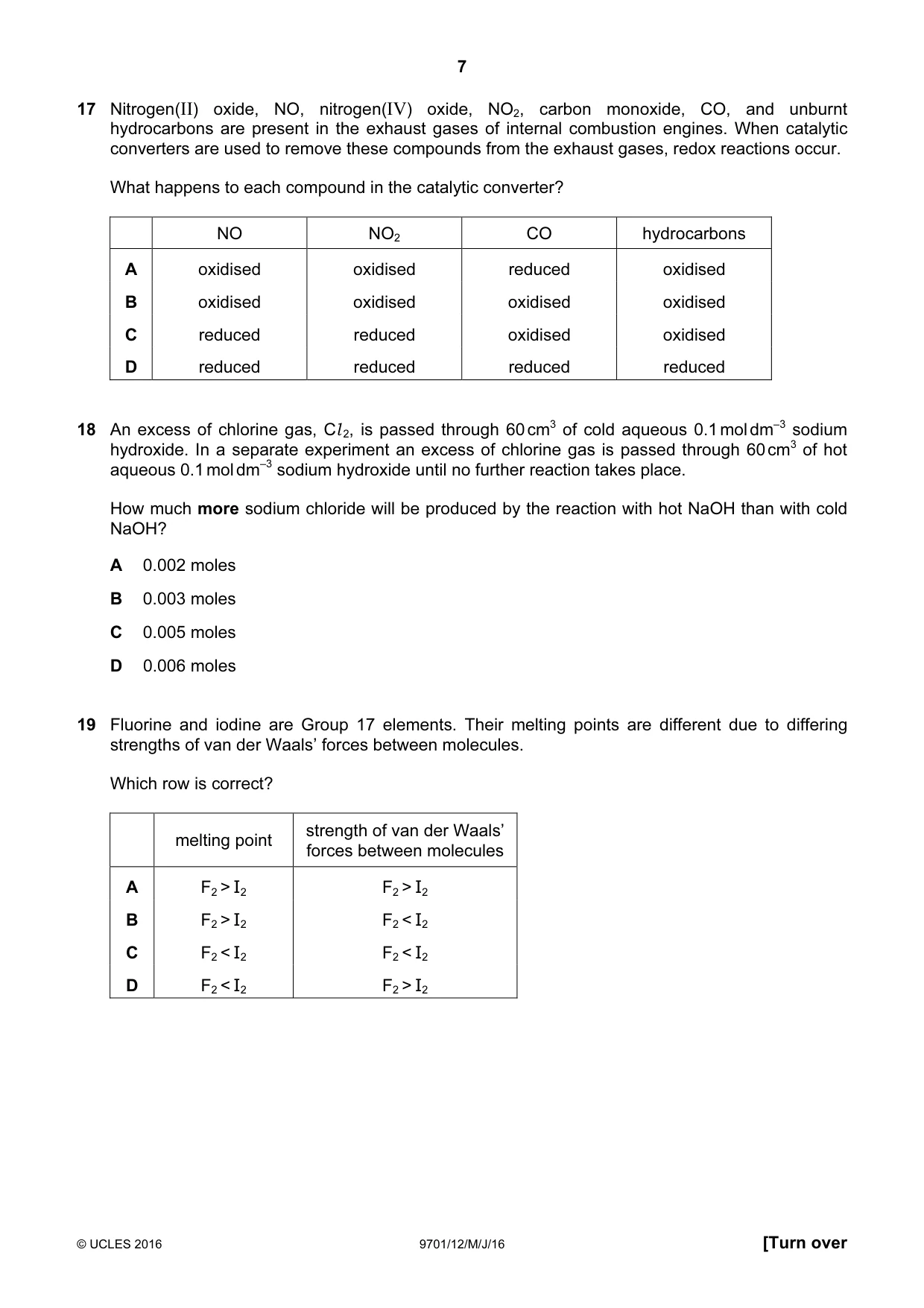 Cambridge A Level Chemistry 9701 2016 May/June Paper 1 · Variant 2 question paper, page 7 of 16