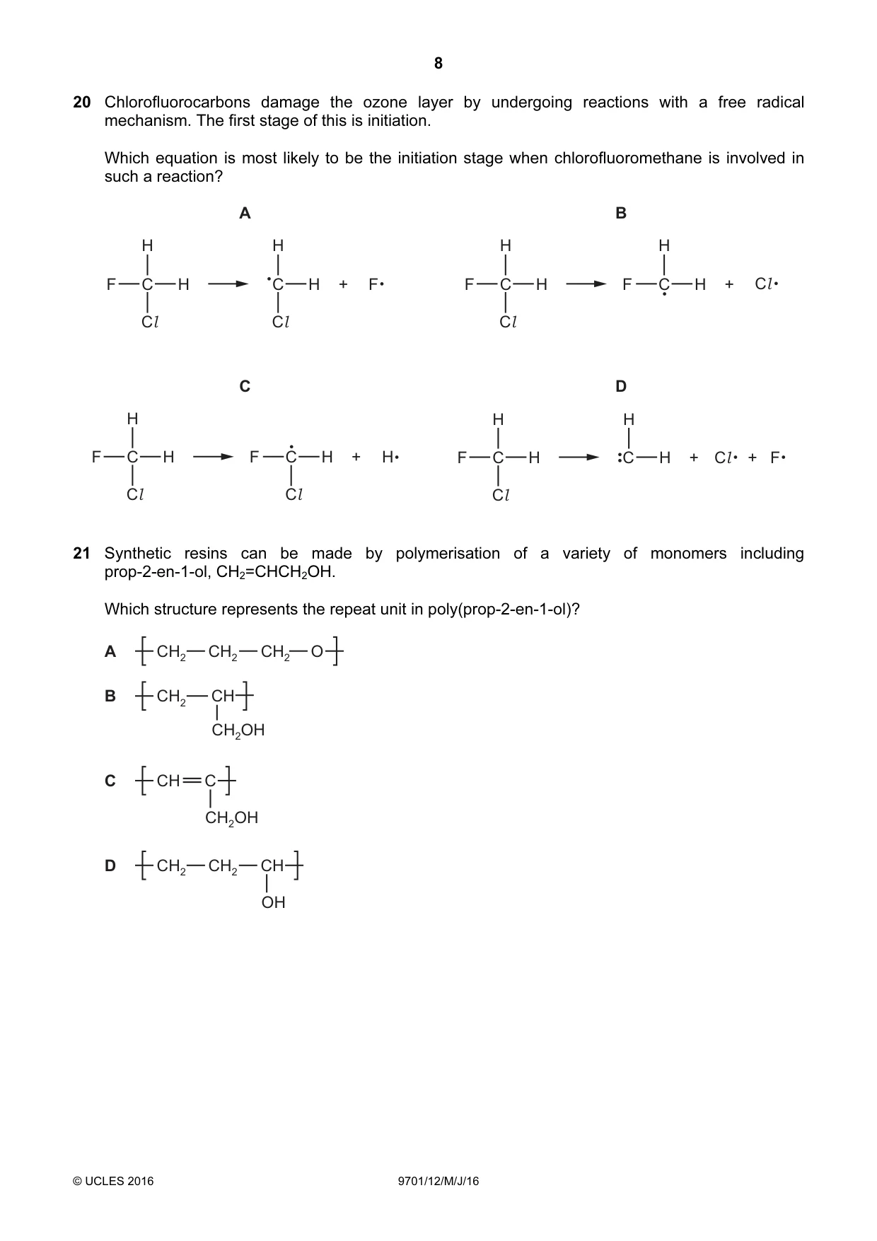 Cambridge A Level Chemistry 9701 2016 May/June Paper 1 · Variant 2 question paper, page 8 of 16