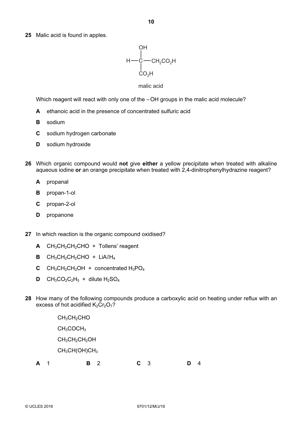 Cambridge A Level Chemistry 9701 2016 May/June Paper 1 · Variant 2 question paper, page 10 of 16
