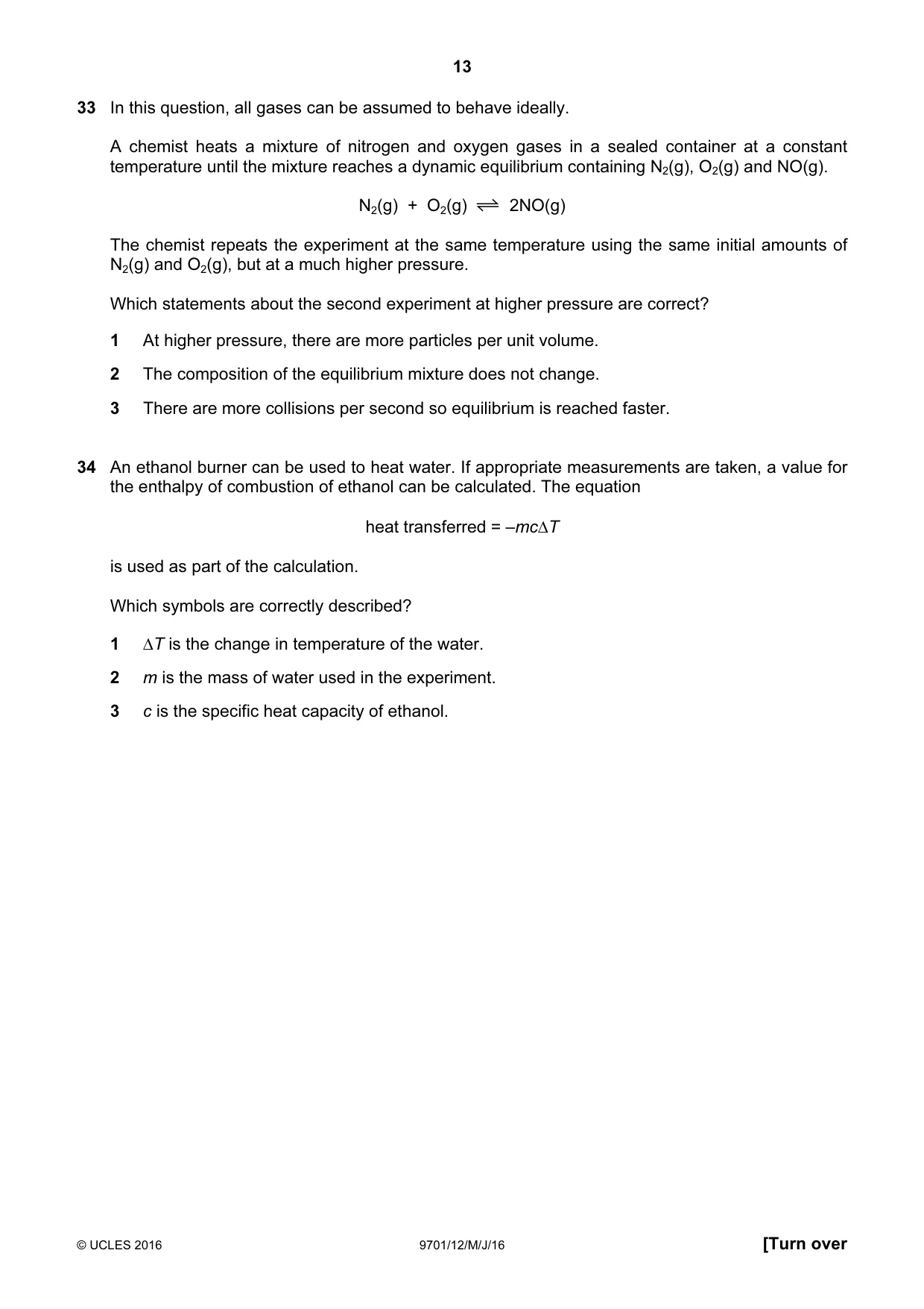 Cambridge A Level Chemistry 9701 2016 May/June Paper 1 · Variant 2 question paper, page 13 of 16