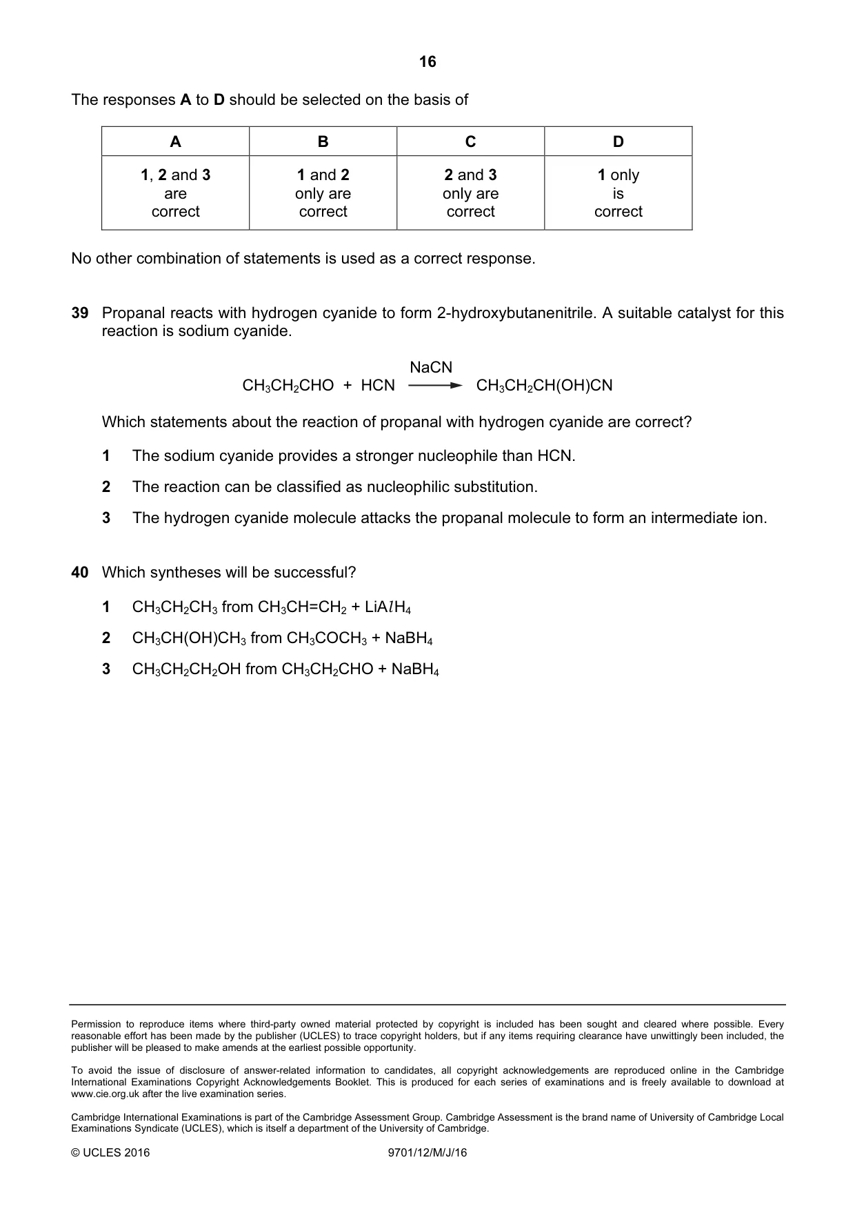 Cambridge A Level Chemistry 9701 2016 May/June Paper 1 · Variant 2 question paper, page 16 of 16