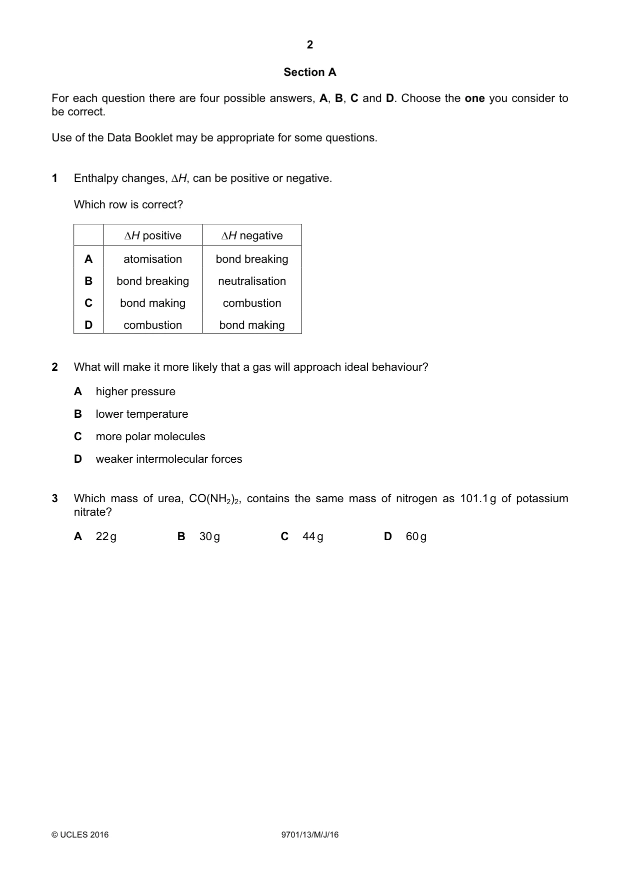 Cambridge A Level Chemistry 9701 2016 May/June Paper 1 · Variant 3 question paper, page 2 of 16