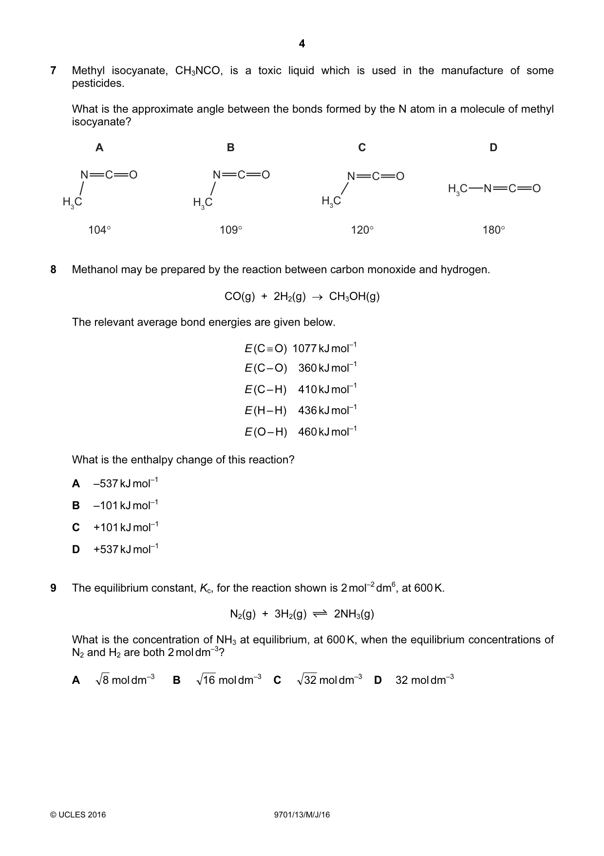 Cambridge A Level Chemistry 9701 2016 May/June Paper 1 · Variant 3 question paper, page 4 of 16