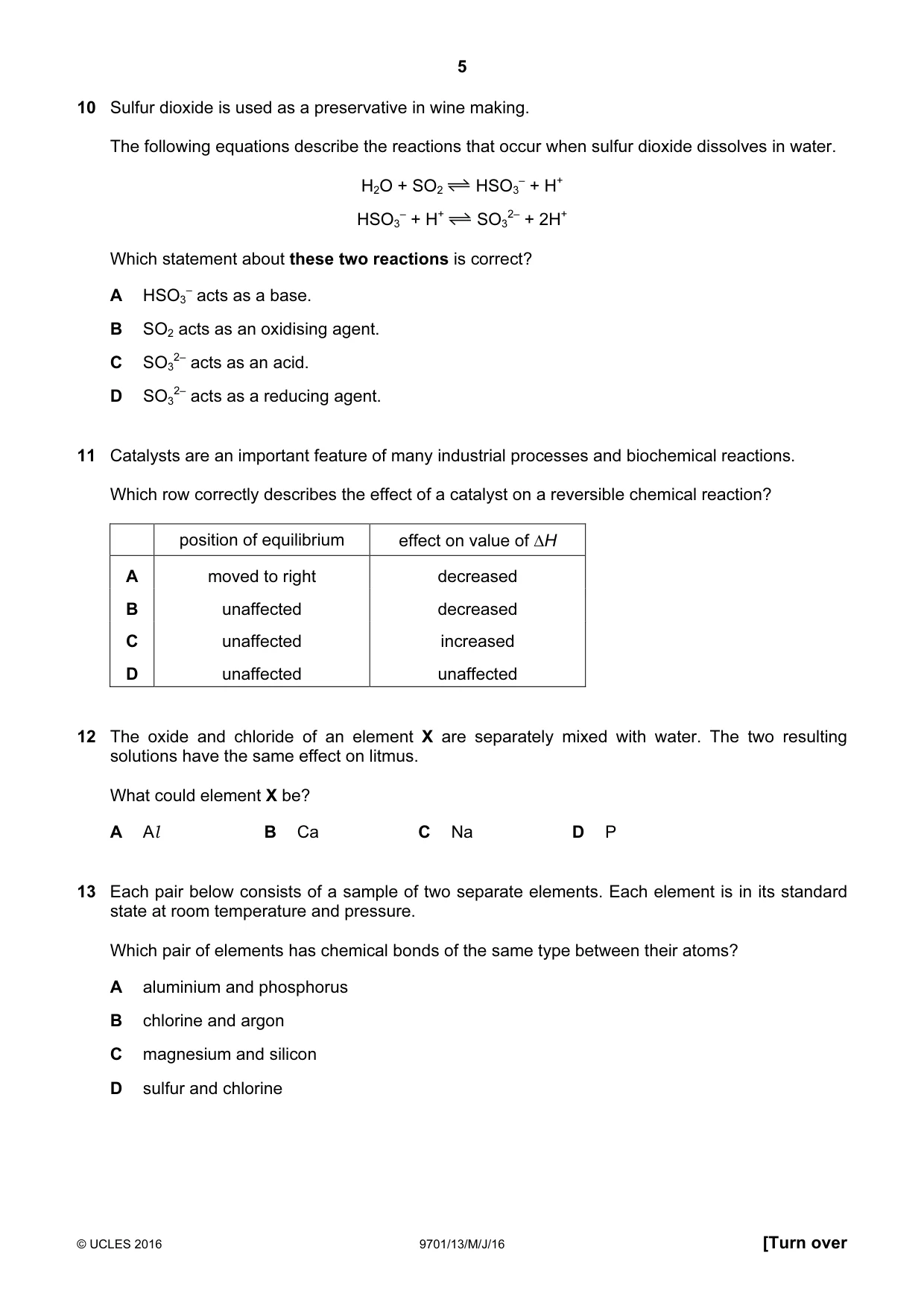 Cambridge A Level Chemistry 9701 2016 May/June Paper 1 · Variant 3 question paper, page 5 of 16