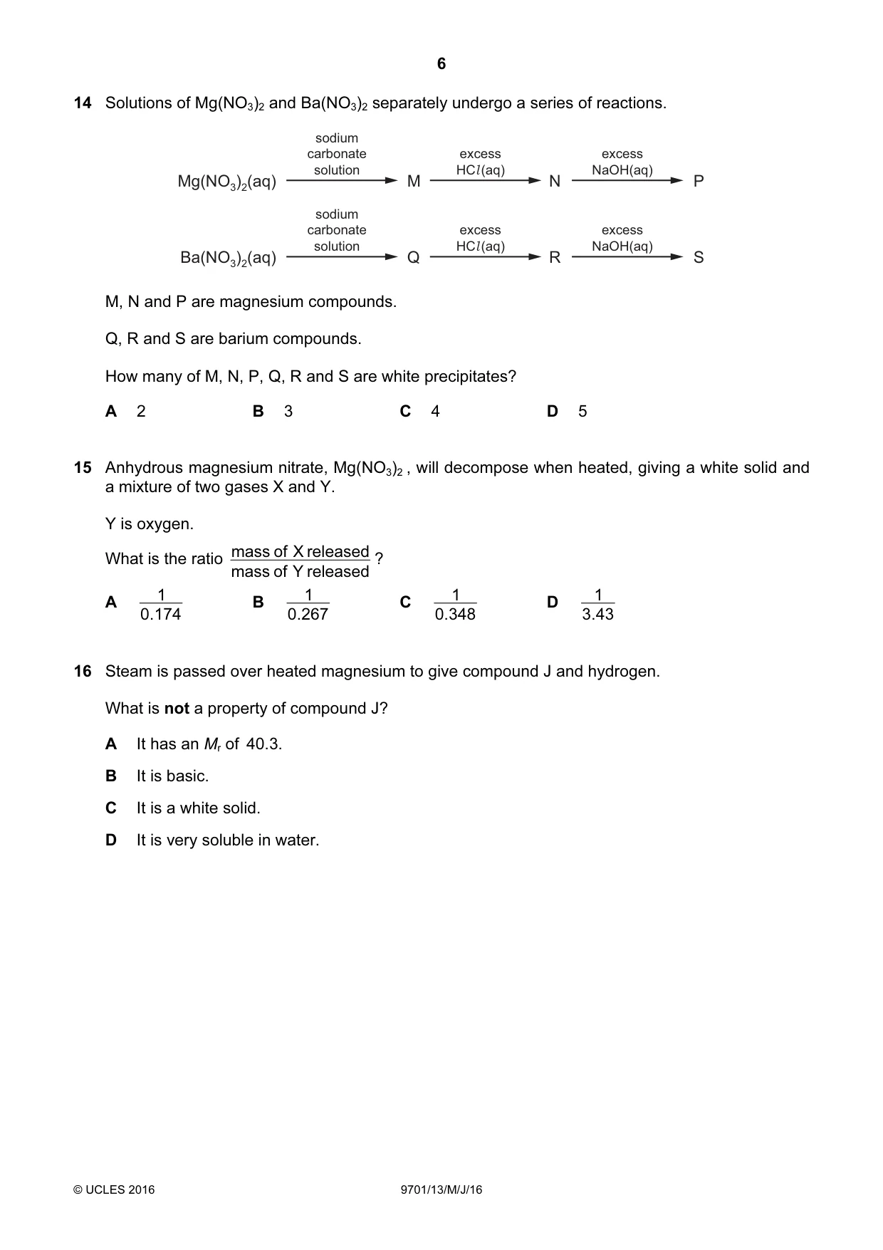 Cambridge A Level Chemistry 9701 2016 May/June Paper 1 · Variant 3 question paper, page 6 of 16