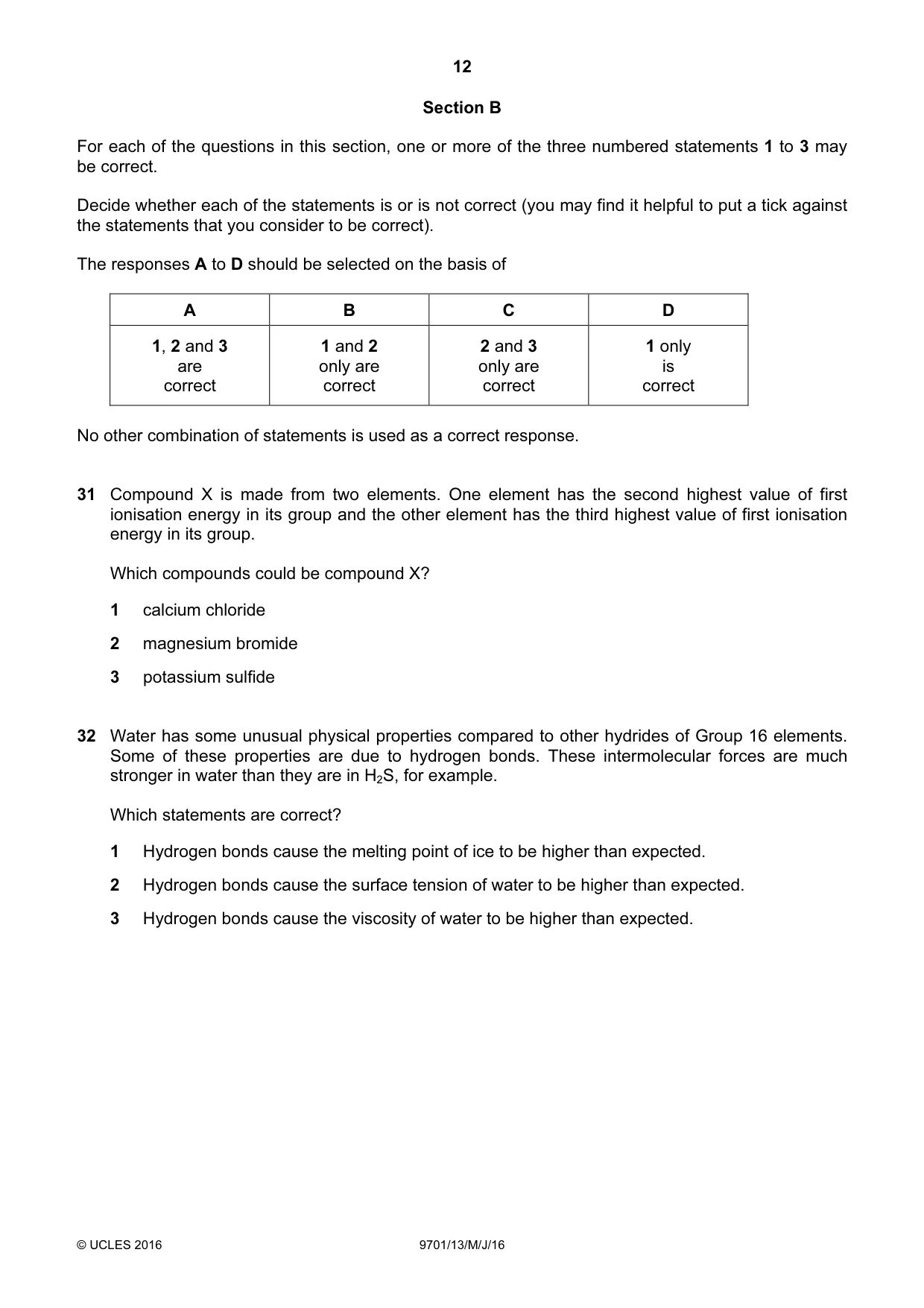 Cambridge A Level Chemistry 9701 2016 May/June Paper 1 · Variant 3 question paper, page 12 of 16
