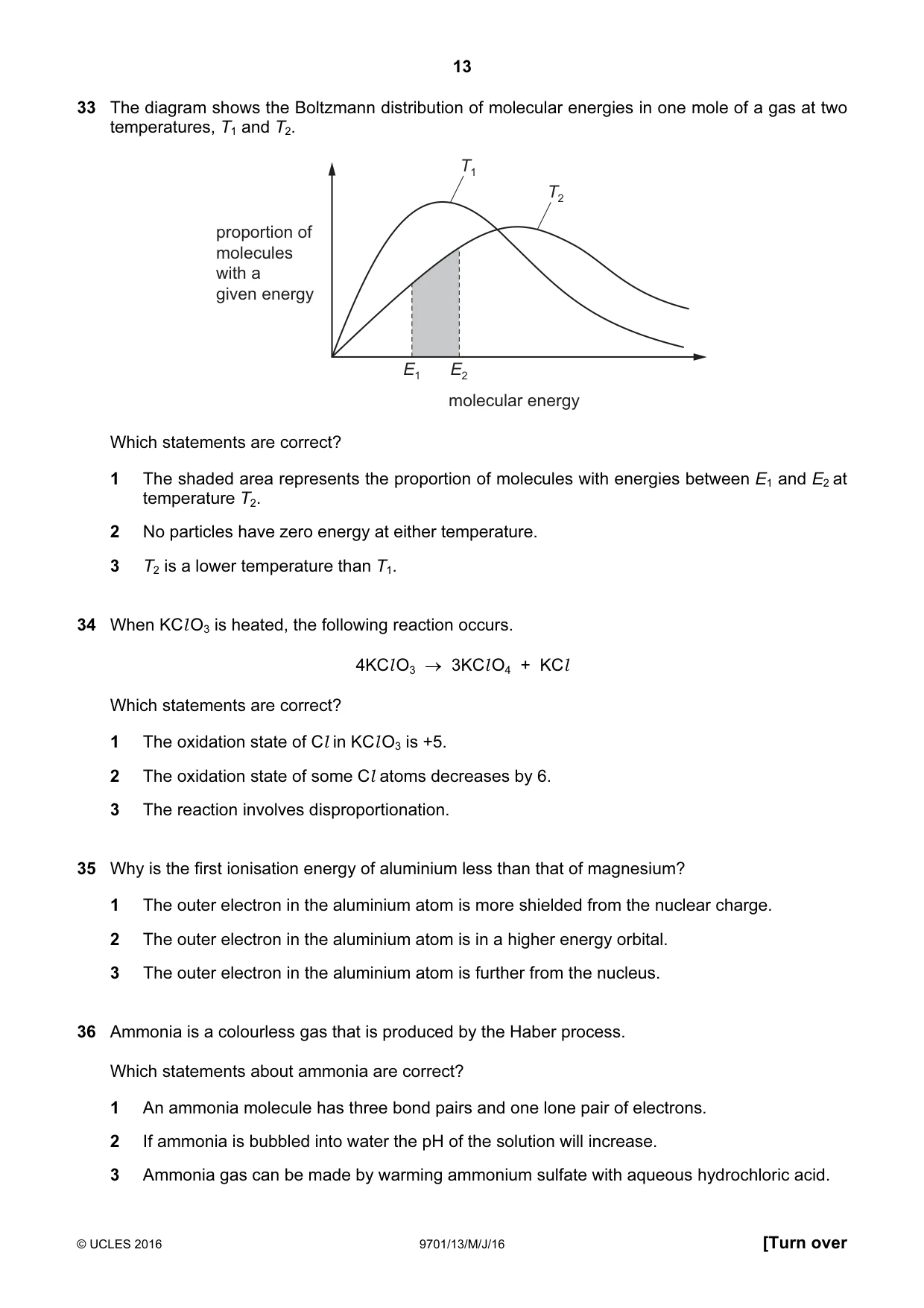 Cambridge A Level Chemistry 9701 2016 May/June Paper 1 · Variant 3 question paper, page 13 of 16