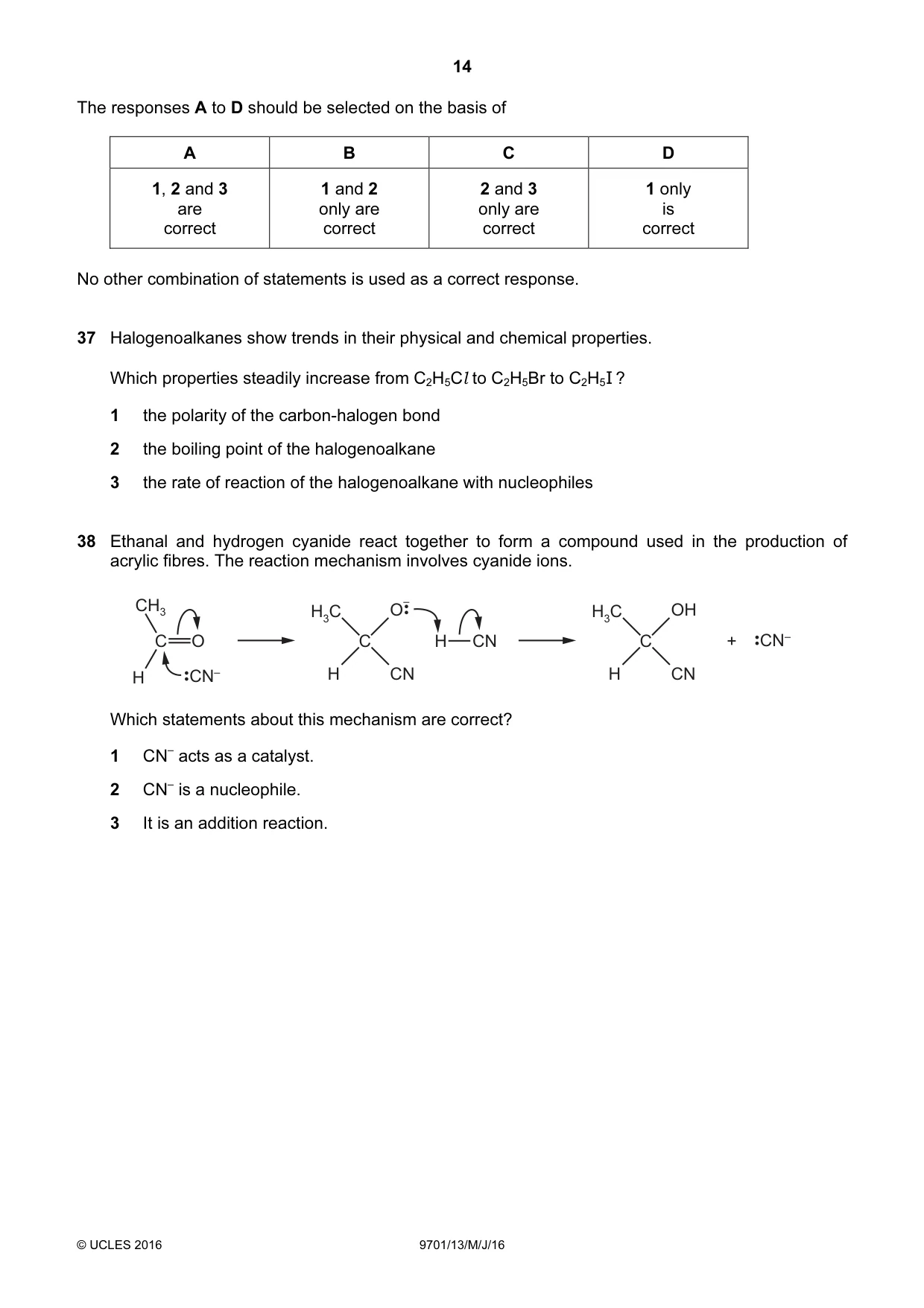 Cambridge A Level Chemistry 9701 2016 May/June Paper 1 · Variant 3 question paper, page 14 of 16