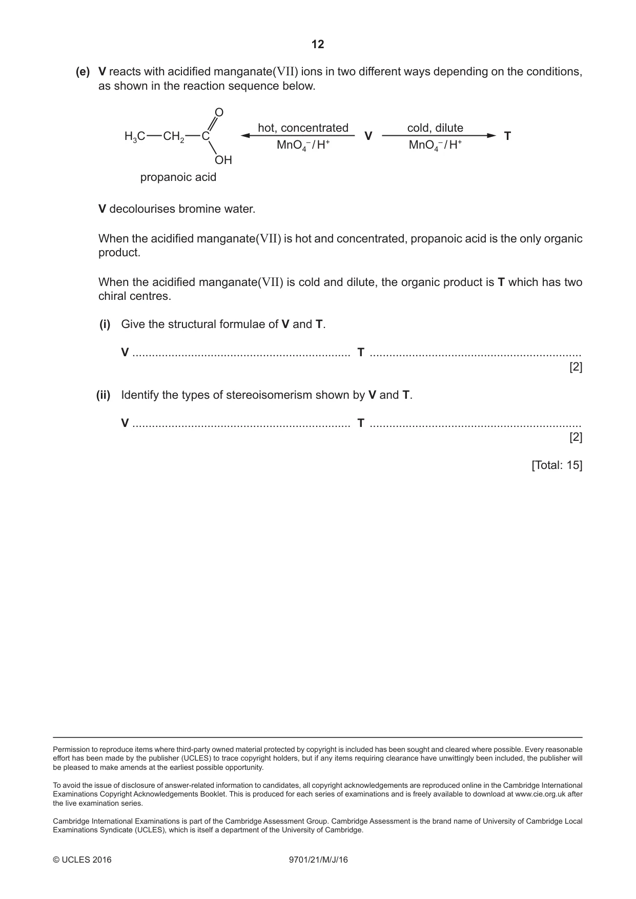 Cambridge A Level Chemistry 9701 2016 May/June Paper 2 · Variant 1 question paper, page 12 of 12