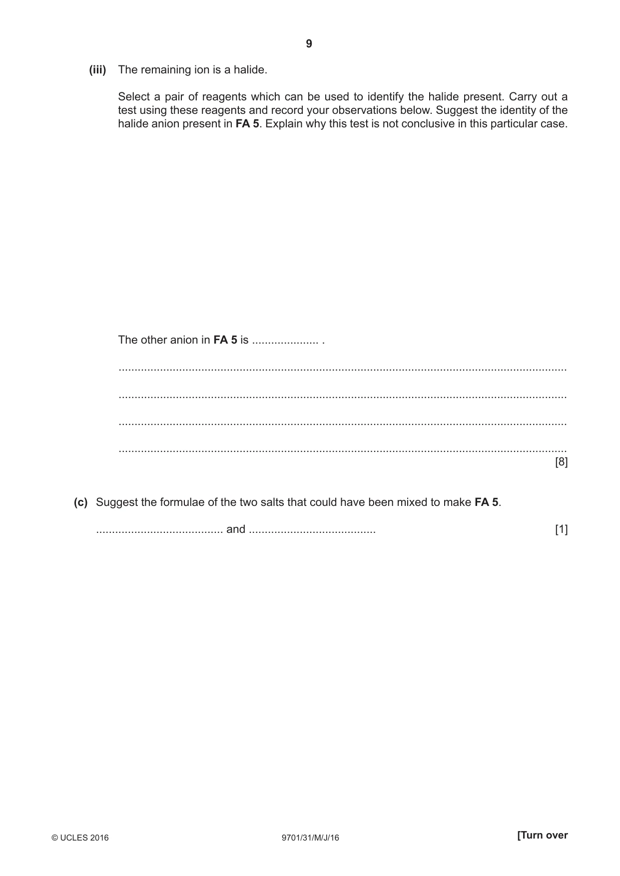 Cambridge A Level Chemistry 9701 2016 May/June Paper 3 · Variant 1 question paper, page 9 of 16